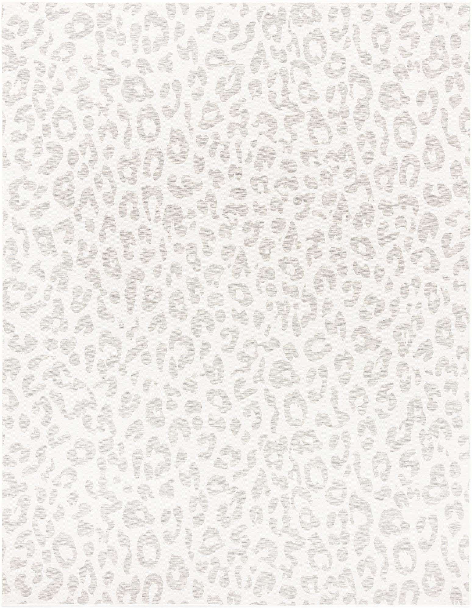 A 10'x10' square indoor/outdoor rug with a modern ivory and light gray leopard print pattern.