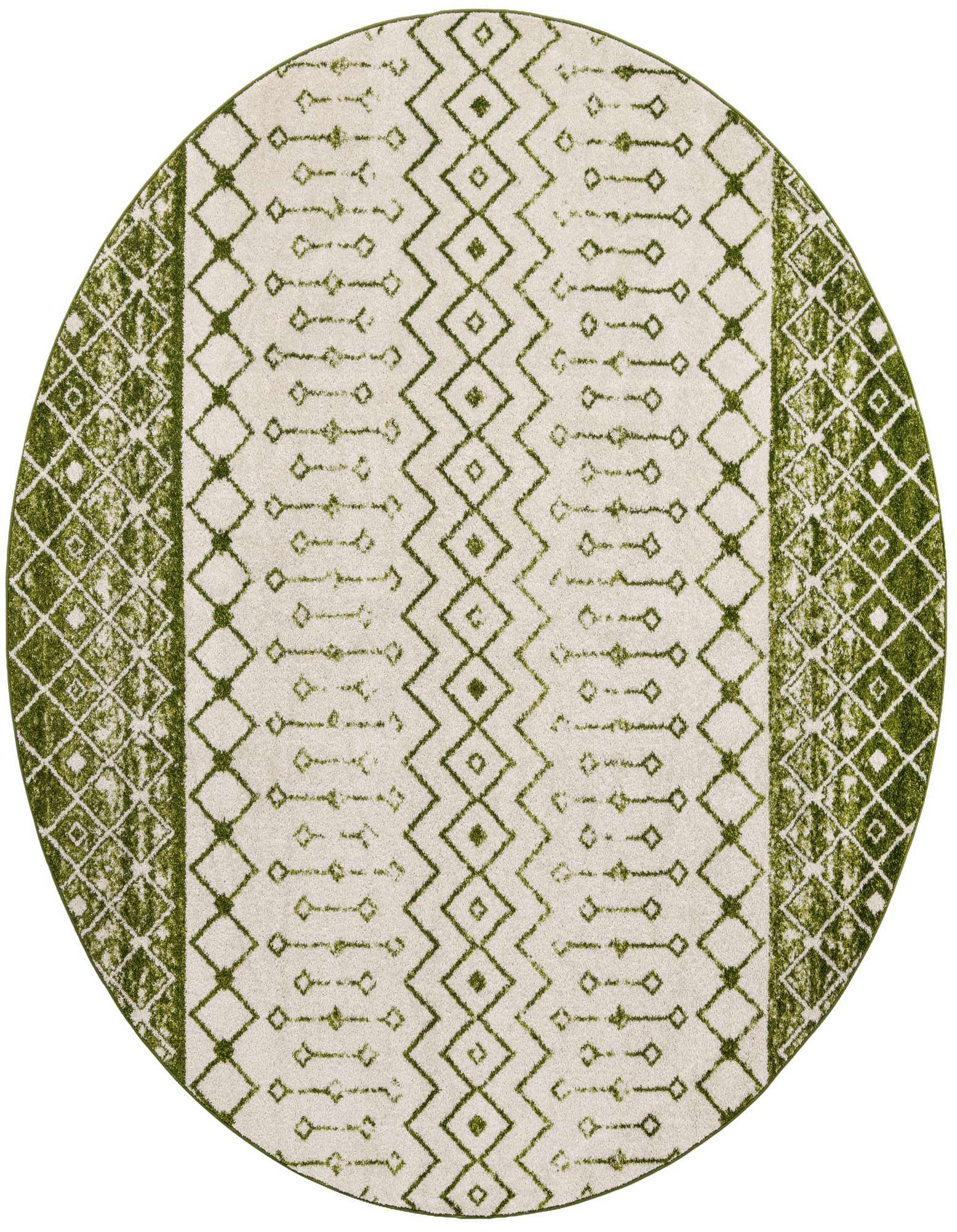A 10-foot round ivory rug with a green Moroccan trellis pattern, featuring central zigzags and side diamond borders.