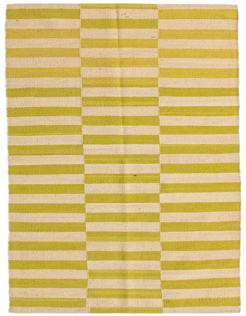 A 7 ft runner rug featuring a modern tribal stripe pattern in alternating ivory and lime green blocks, perfect for a hallway.