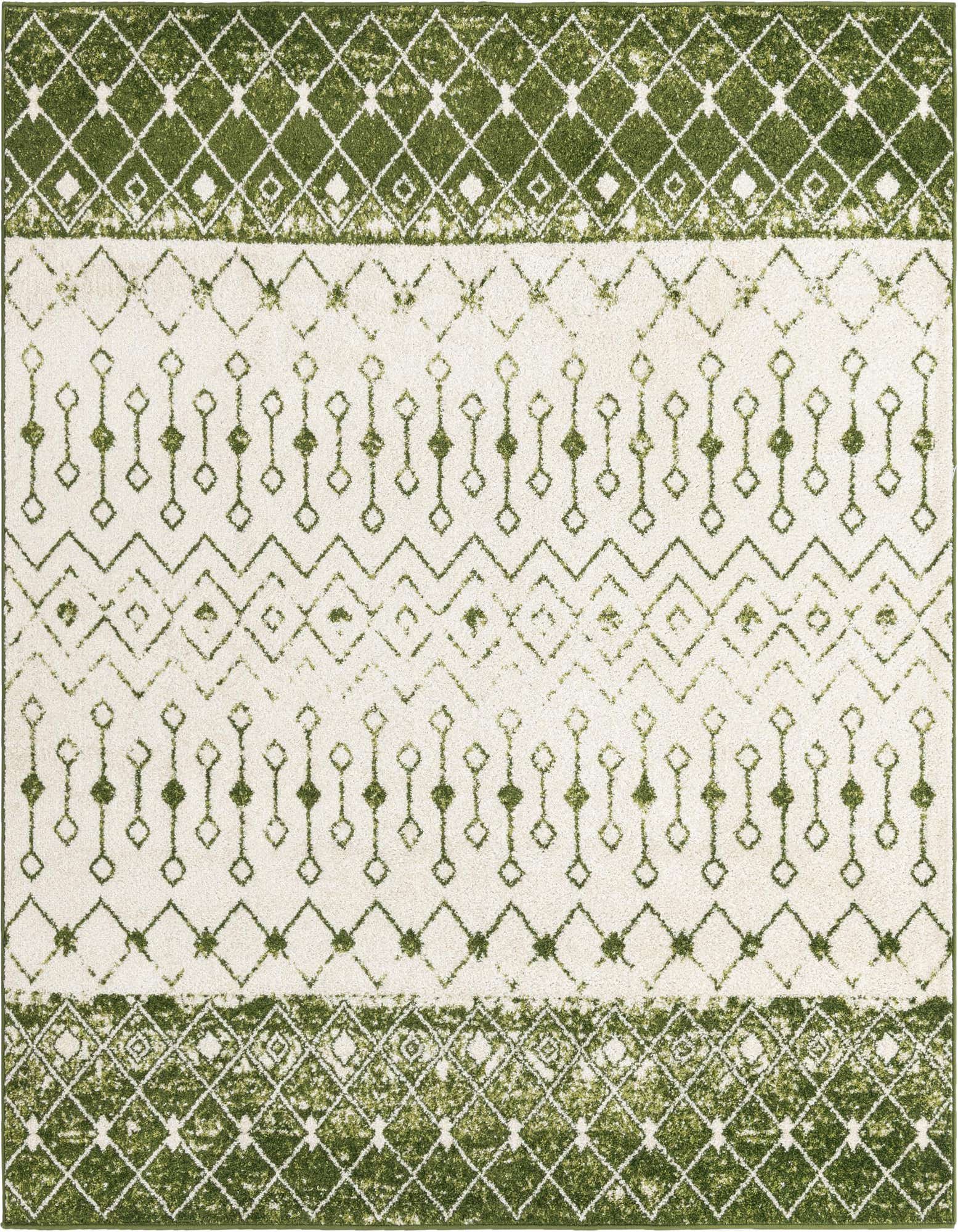 A square ivory and green Bohemian rug with a tribal trellis pattern, featuring geometric diamonds and zigzags.