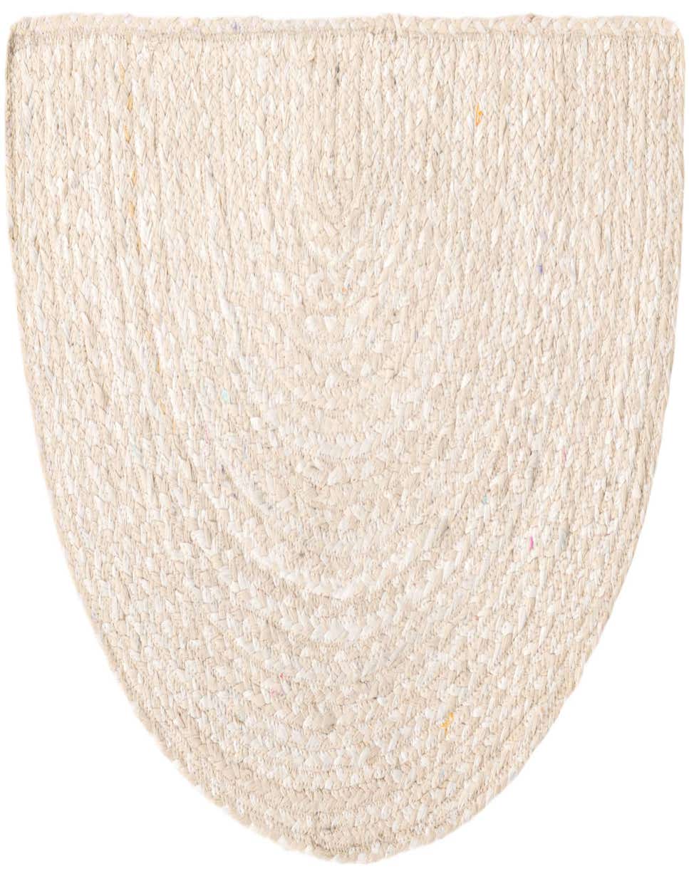 A 2' 2 x 3' 7 ivory braided cotton hearth rug with a semicircular shape and subtle flecks of color.