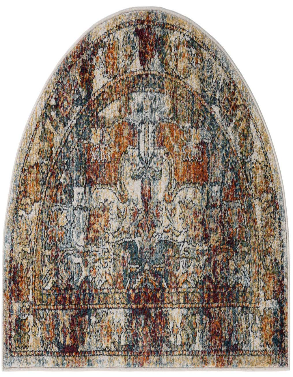 A 2' 7 x 4' 0 hearth-shaped rug featuring a distressed traditional medallion pattern in ivories, creams, oranges, blues, and reds.