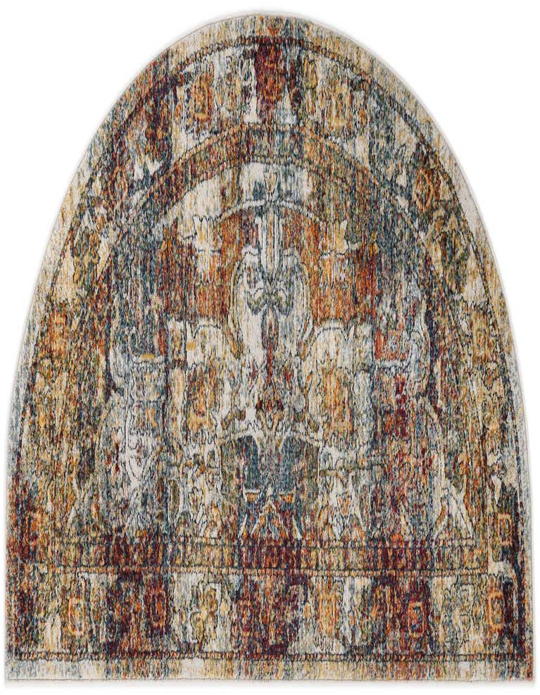 A 3'x6' hearth-shaped rug featuring a distressed traditional medallion pattern in ivories, creams, whites, and rust tones.