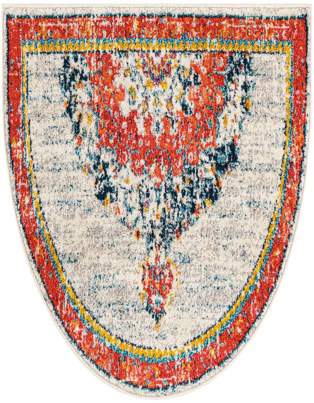 A 2' 7 x 4' 0 hearth-shaped rug featuring an ivory and cream base with a vibrant distressed medallion pattern in red, orange, navy, and yellow.