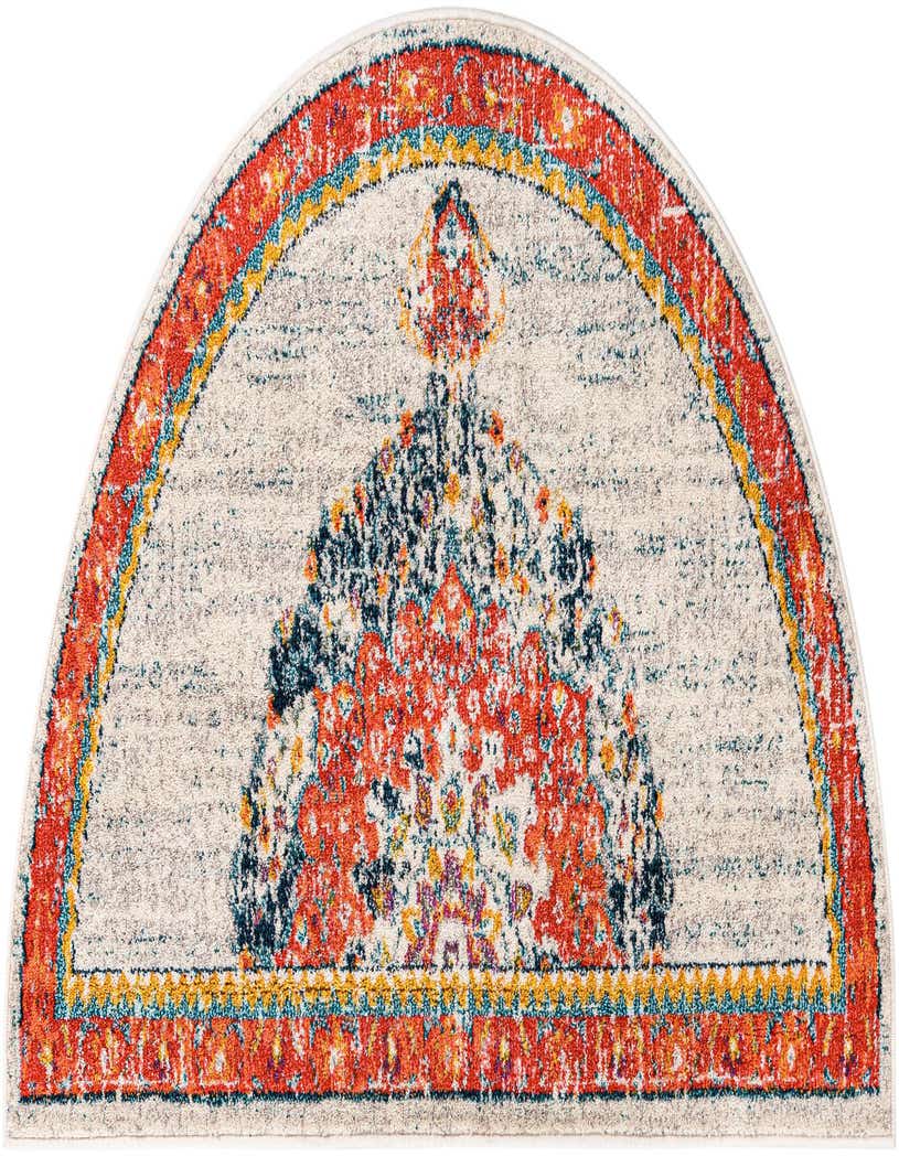 A 3' 0 x 6' 0 hearth-shaped rug featuring a central medallion in vibrant orange, blue, and yellow on an ivory background, with a matching border.