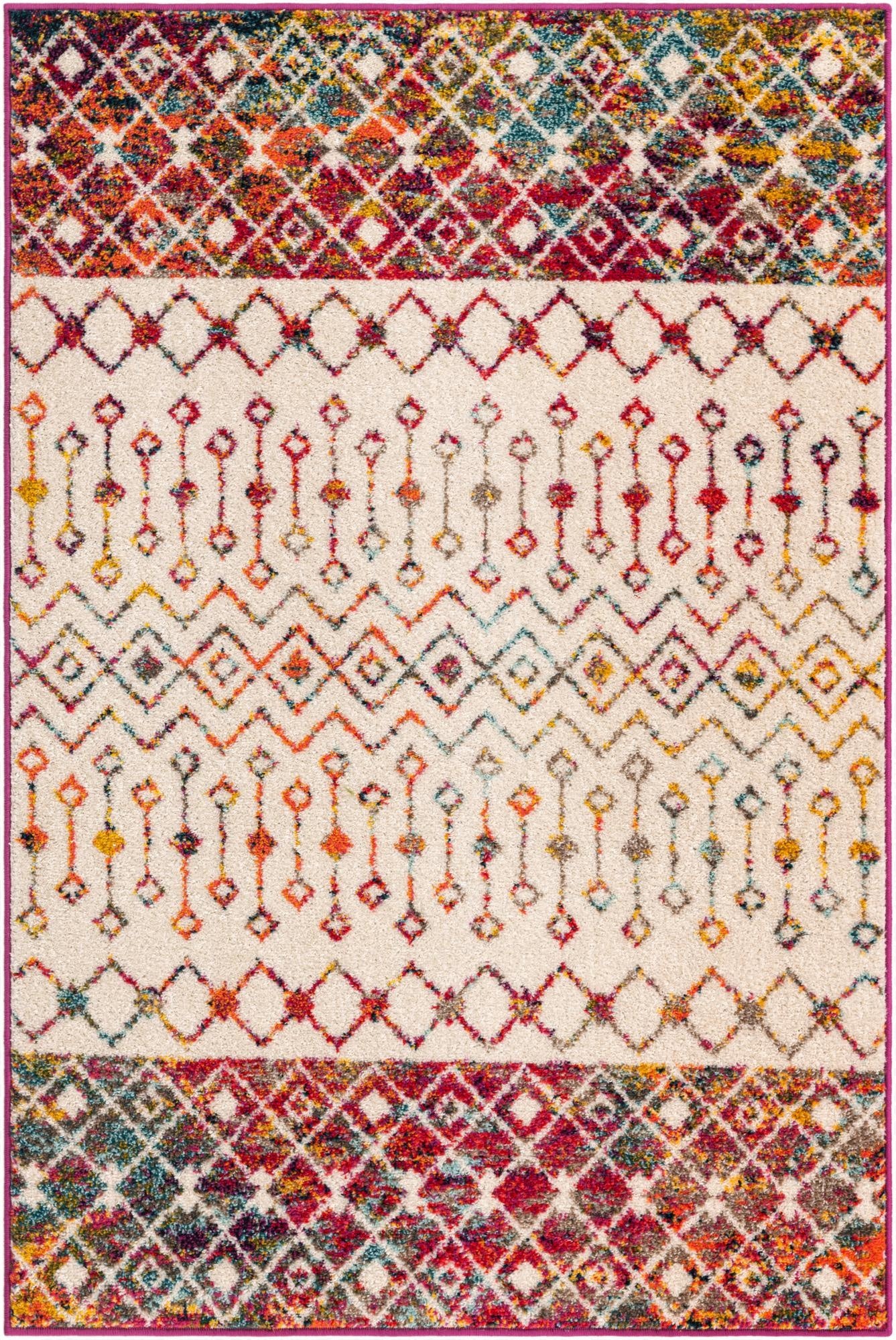 A 4x6 rectangular ivory area rug with a vibrant multi-colored bohemian tribal pattern, featuring diamond and trellis designs.