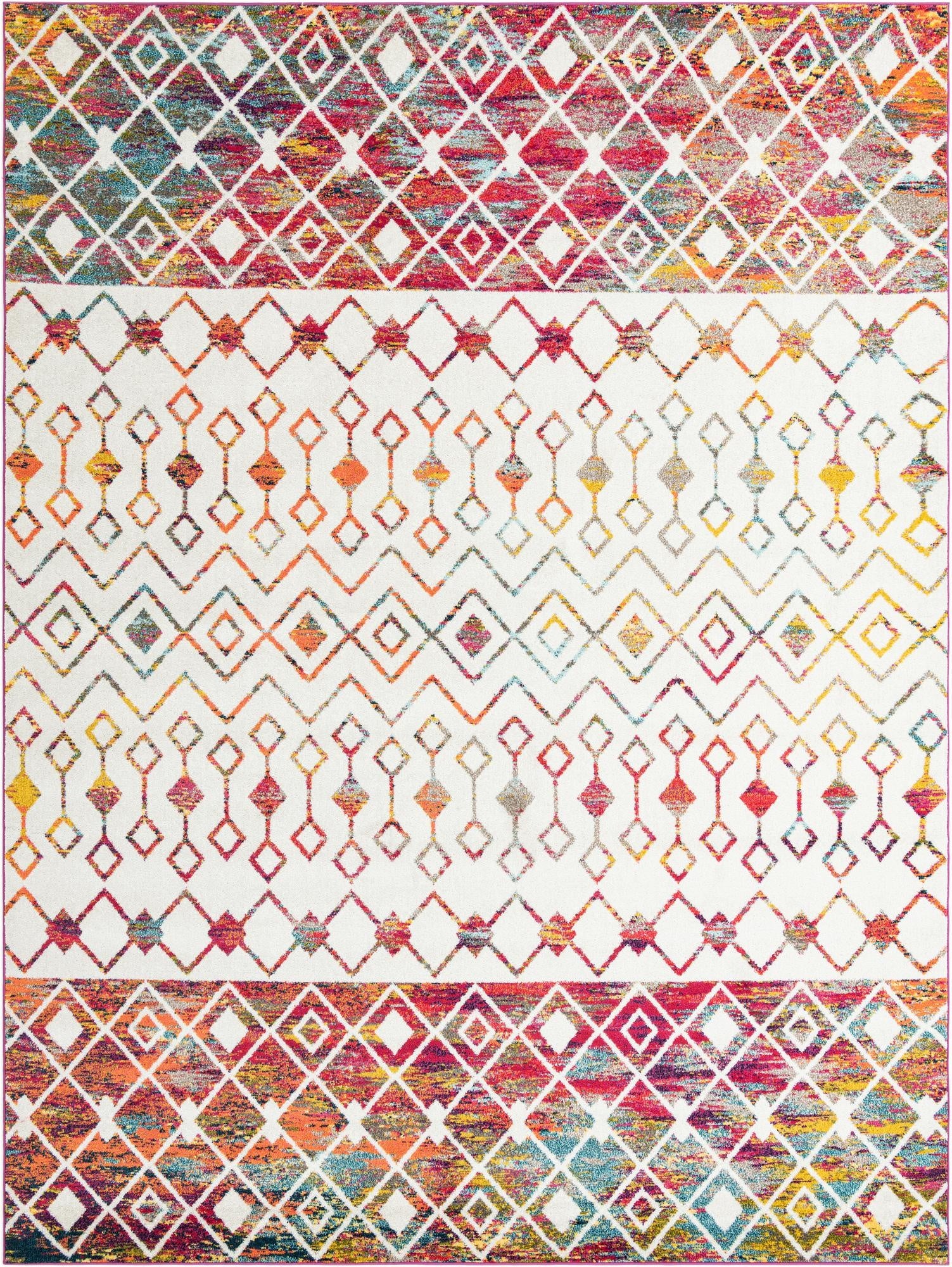 A 10x14 rectangular ivory area rug with a vibrant multi-colored bohemian trellis pattern, featuring diamond and zigzag motifs.