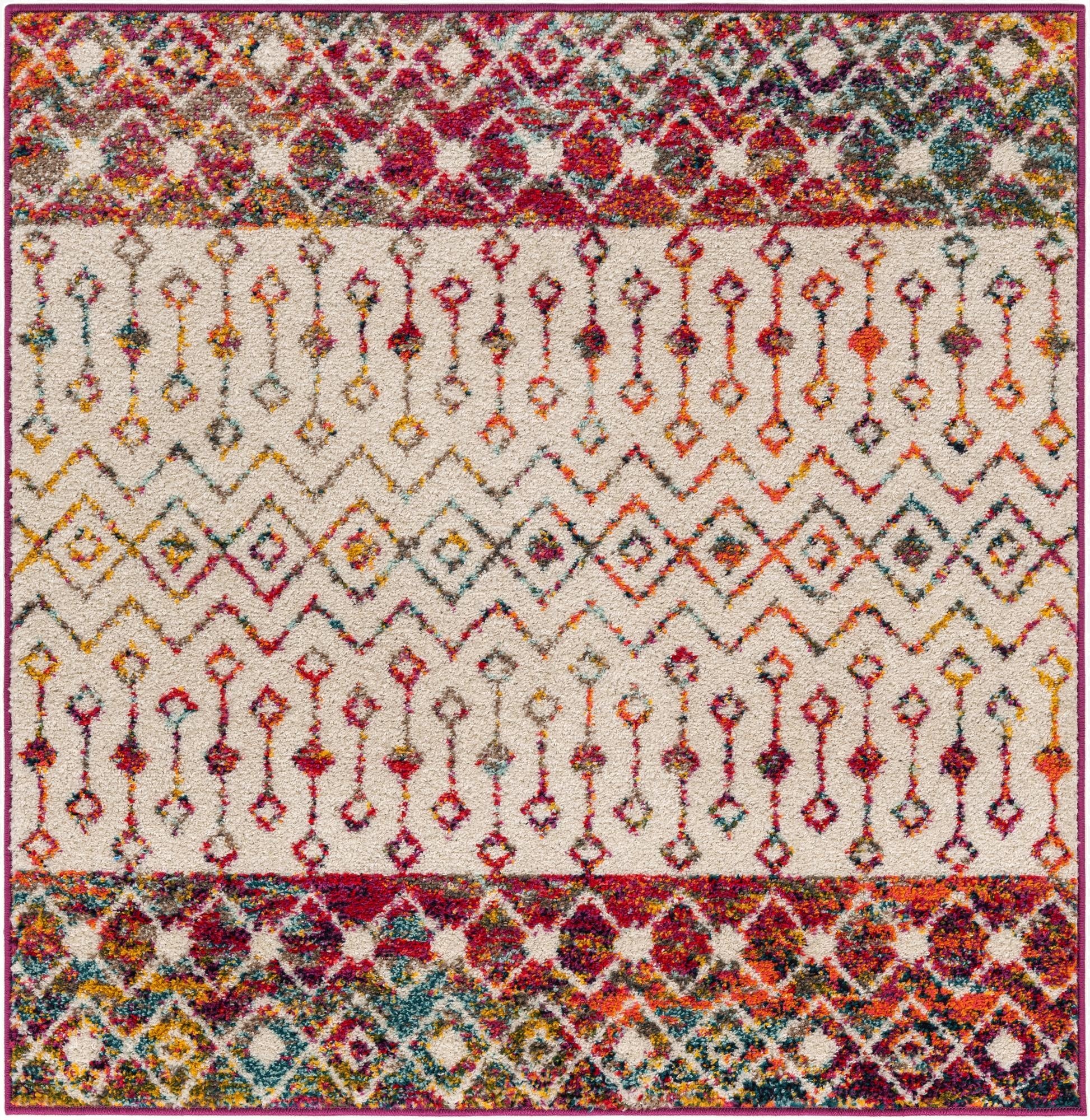 A square ivory polypropylene rug featuring a vibrant multi-colored bohemian trellis pattern with tribal motifs and a medium pile.