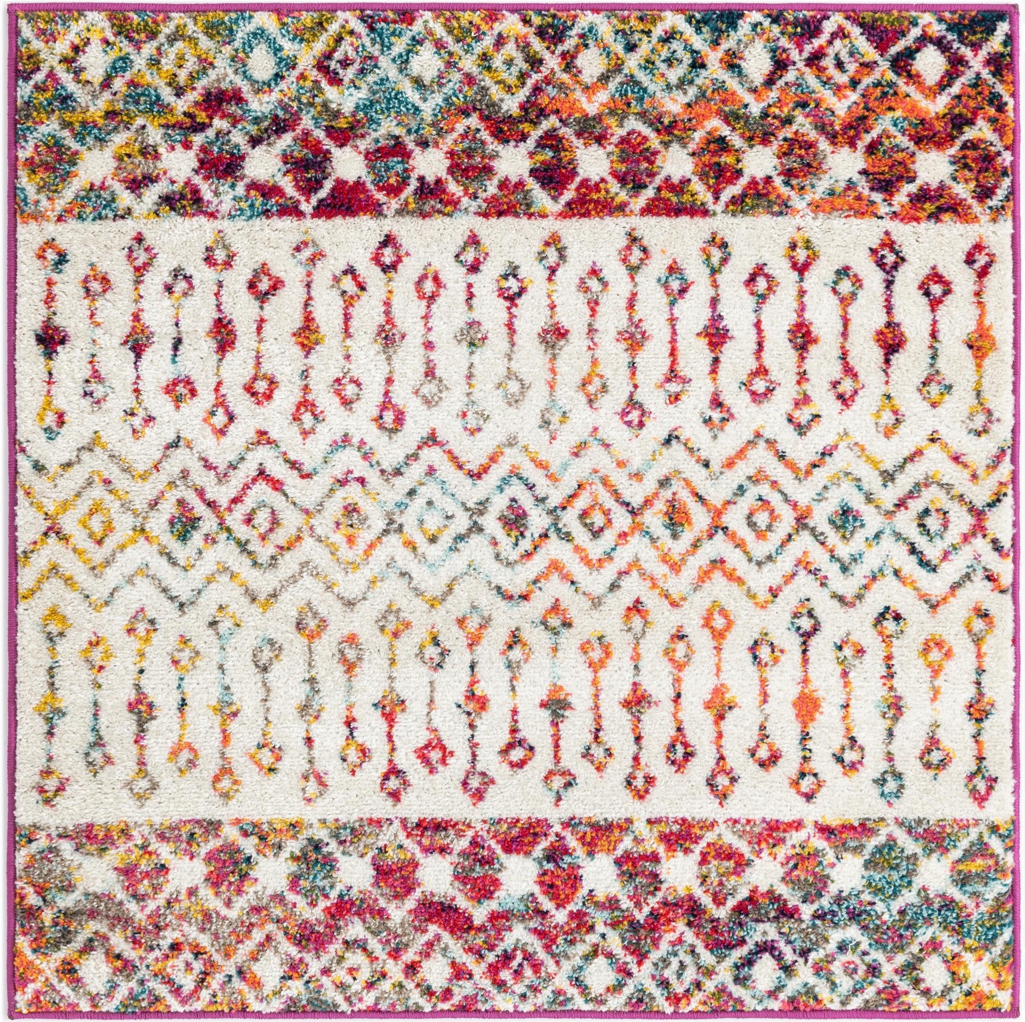 A square ivory bohemian rug with a vibrant multi-colored tribal pattern, featuring trellis and geometric designs.