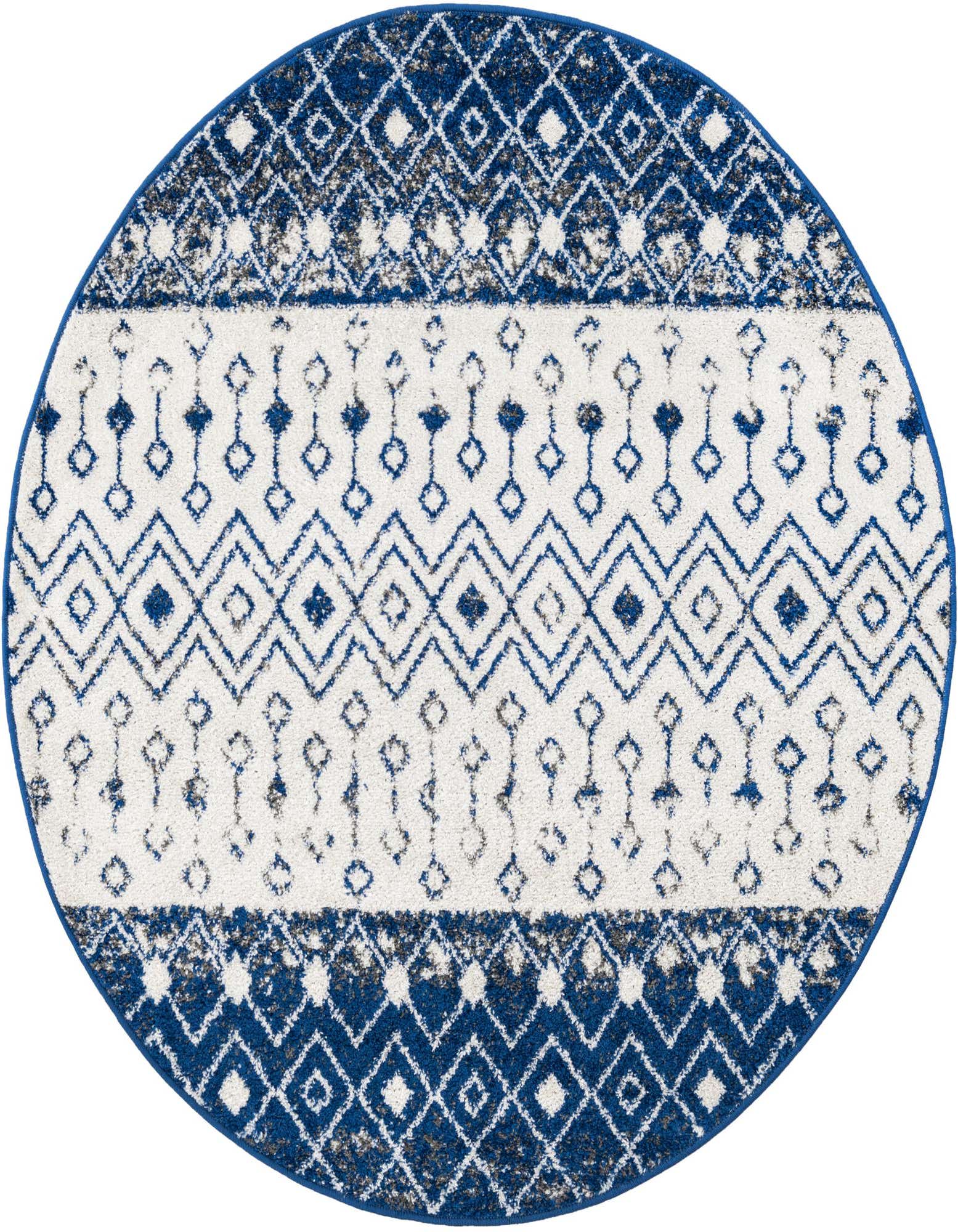 A round 5'3" blue and ivory Moroccan Trellis rug with a tribal diamond pattern, perfect for a living room or nursery.