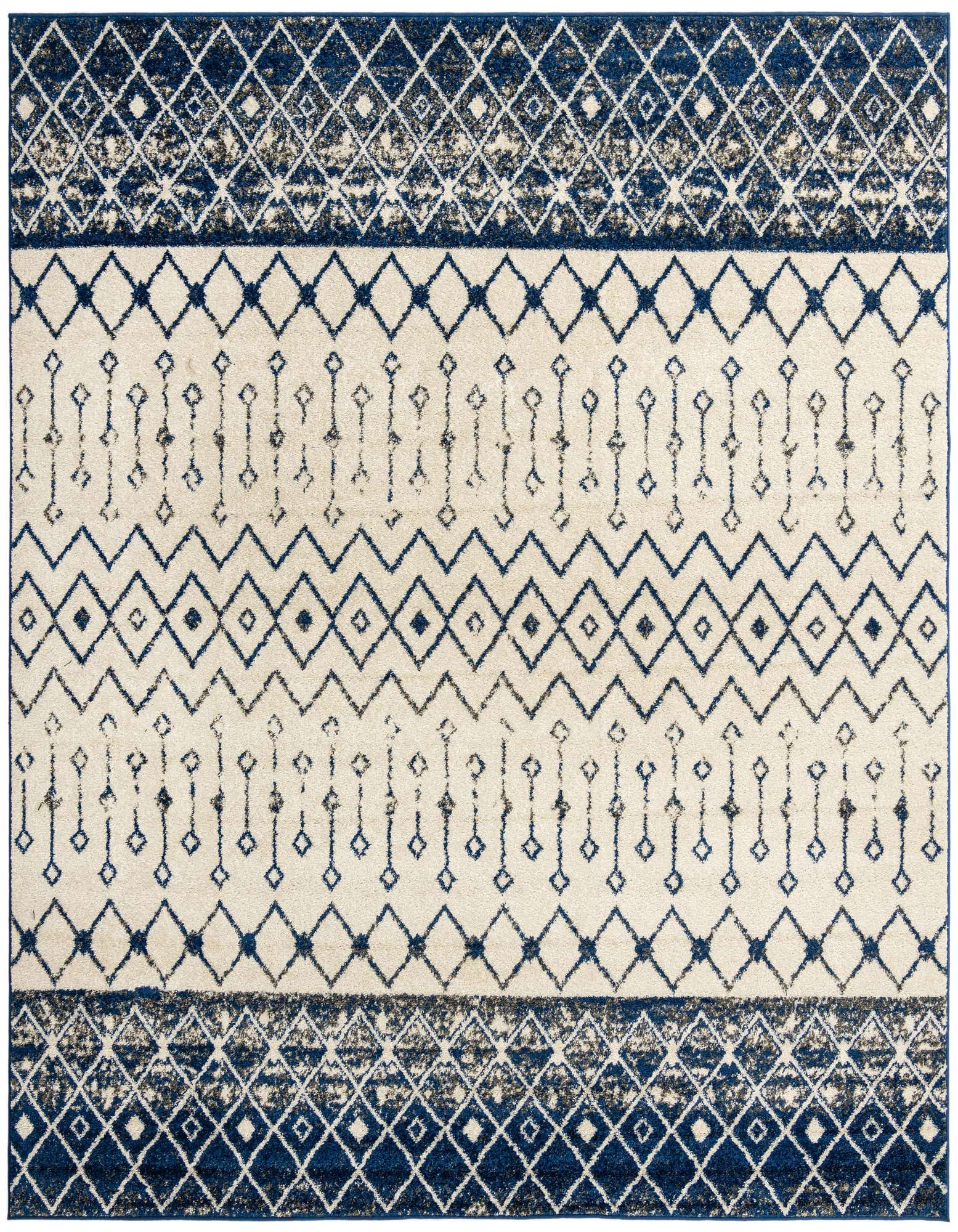 A 10'x10' square blue and ivory Moroccan Trellis area rug with a tribal geometric pattern.