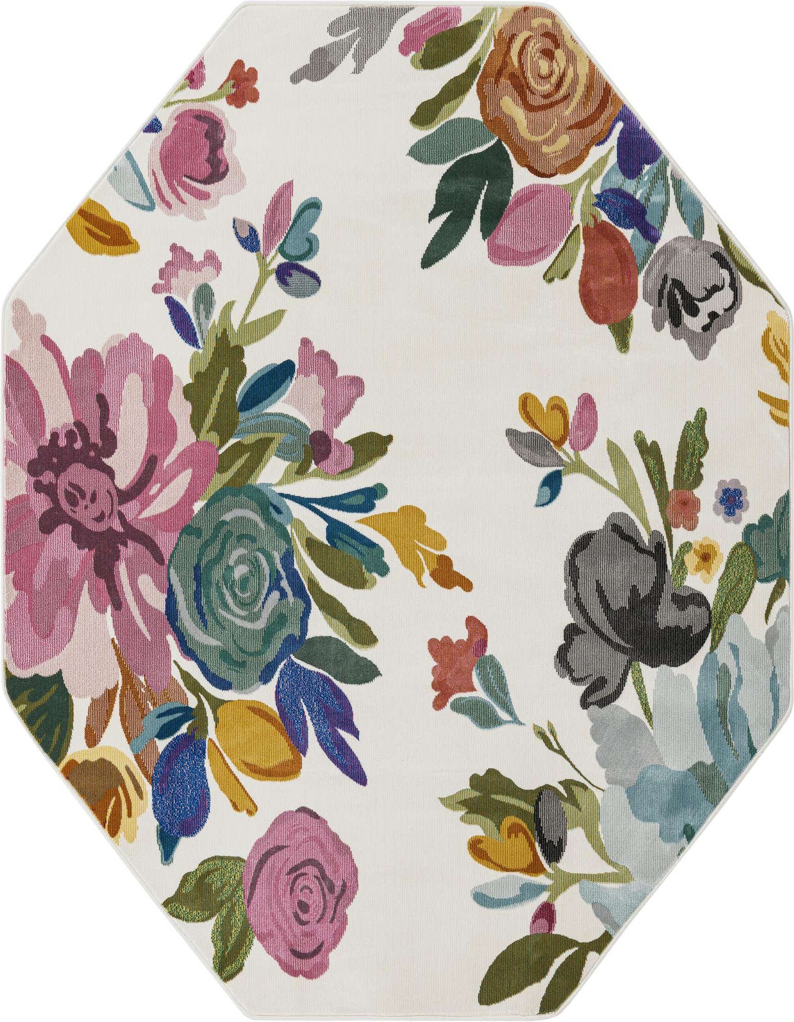 An ivory octagon rug with a modern floral pattern featuring large pink, blue, and gold blossoms.