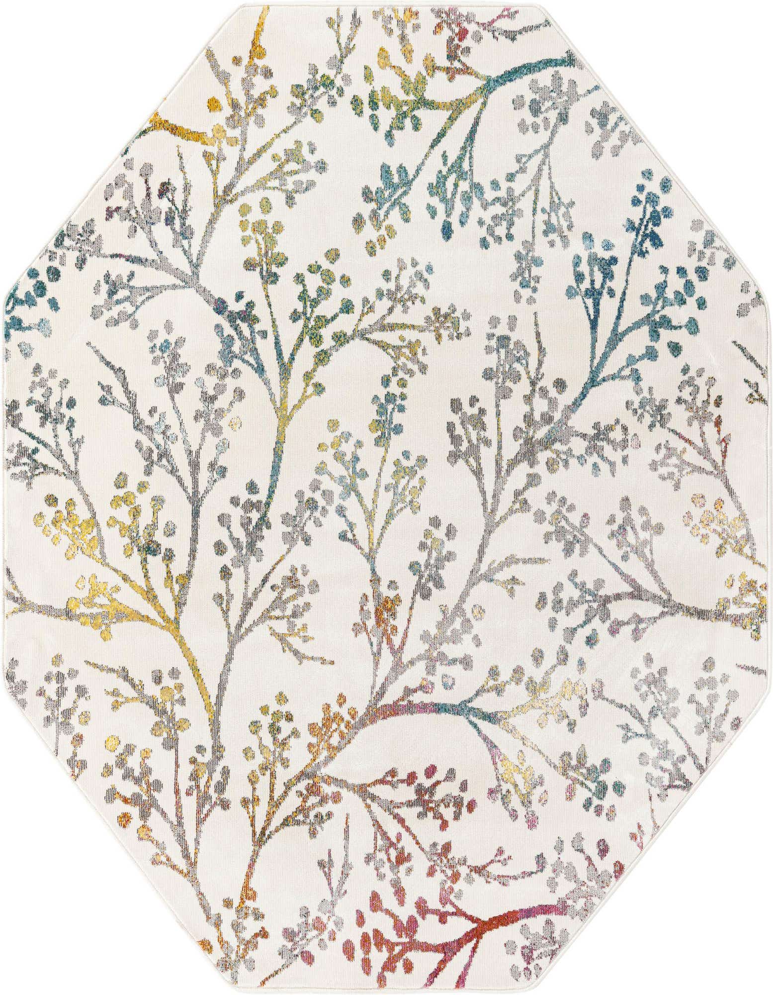 An ivory octagon rug with a modern botanical pattern featuring colorful branches and leaves in blue, green, yellow, and red.