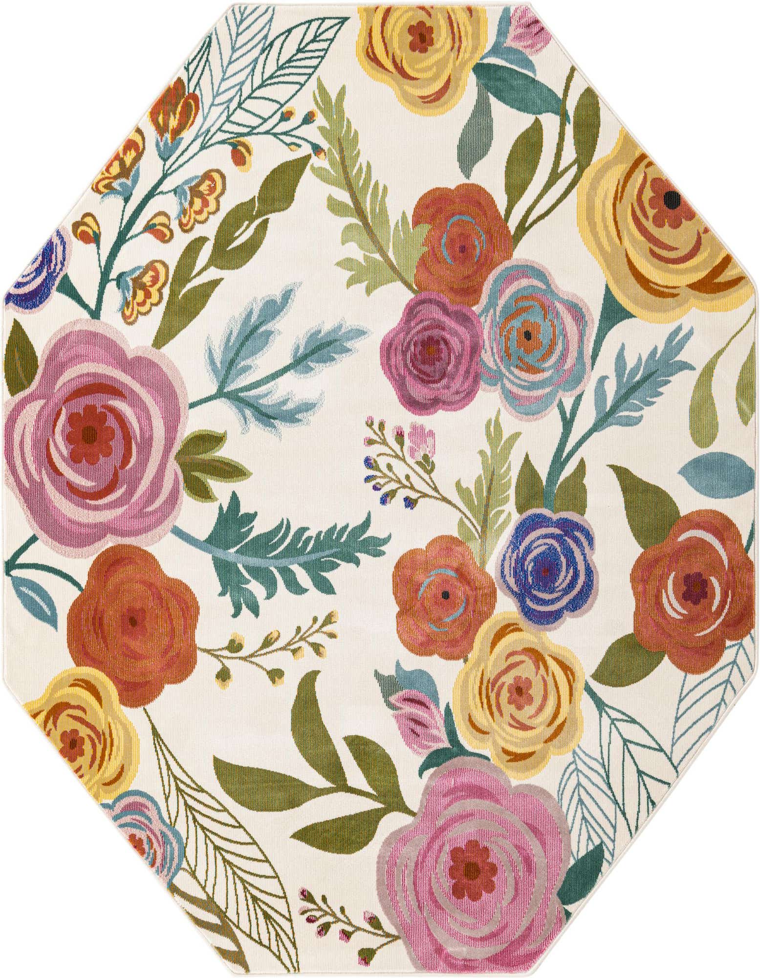 Octagon rug with a vibrant floral pattern on an ivory background, featuring large pink, orange, yellow, and blue flowers with green leaves.