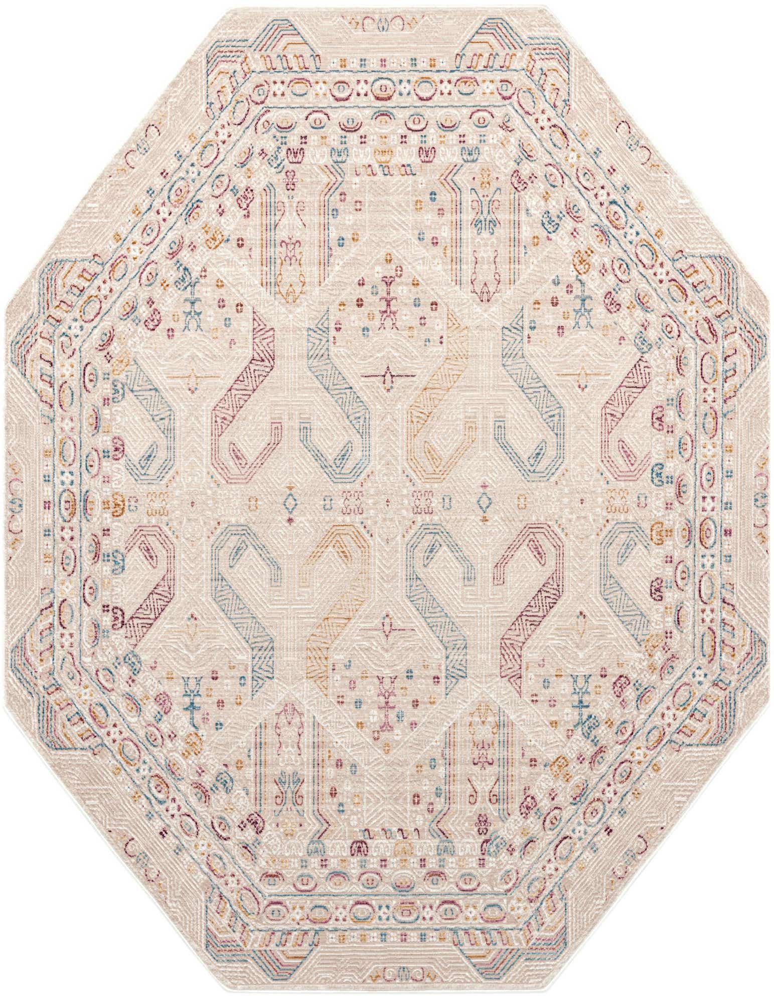 An ivory octagon rug with a colorful tribal and abstract pattern, featuring shades of blue, red, and gold.