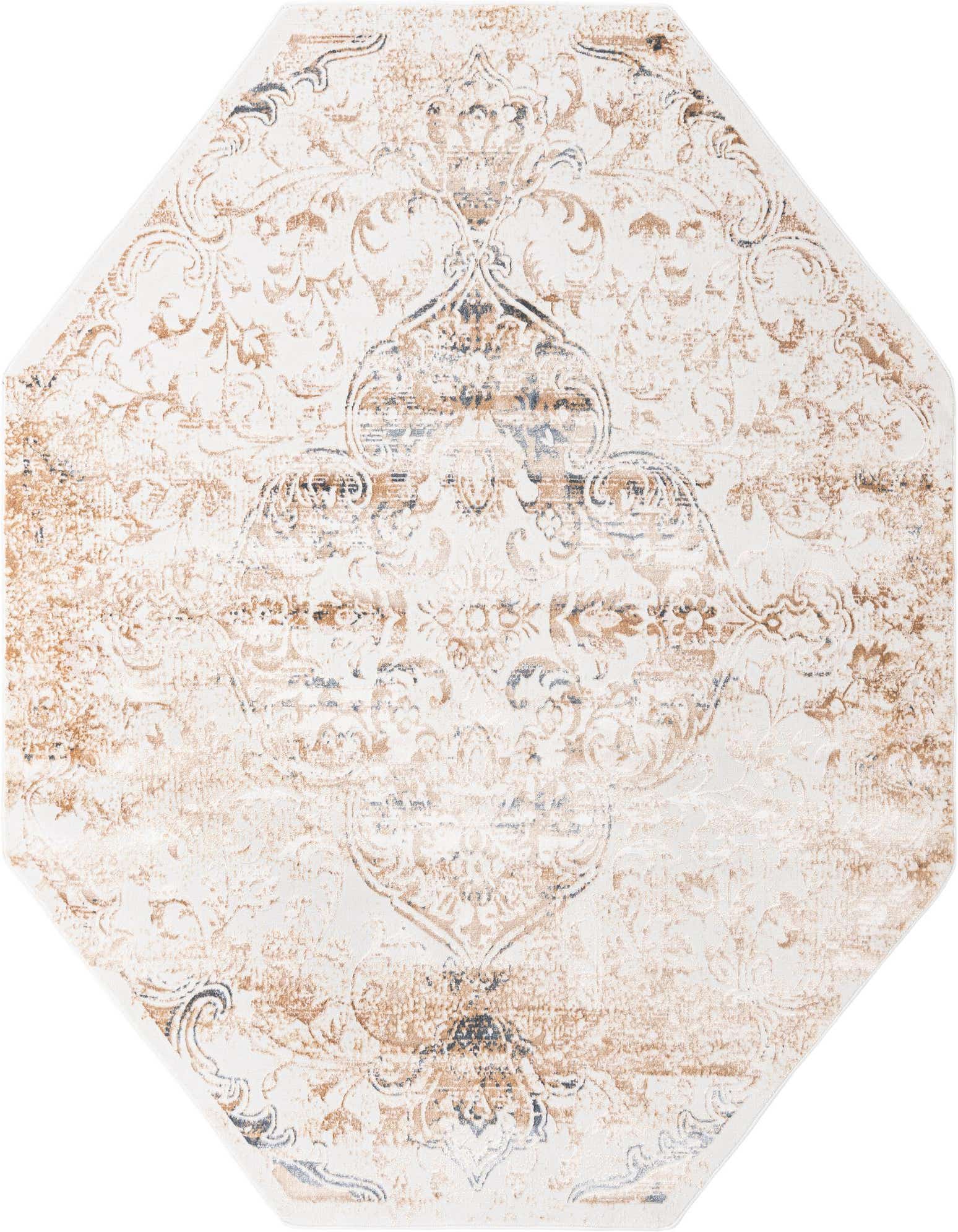 An ivory octagon rug with a distressed traditional medallion pattern in cream, beige, and subtle blue tones.