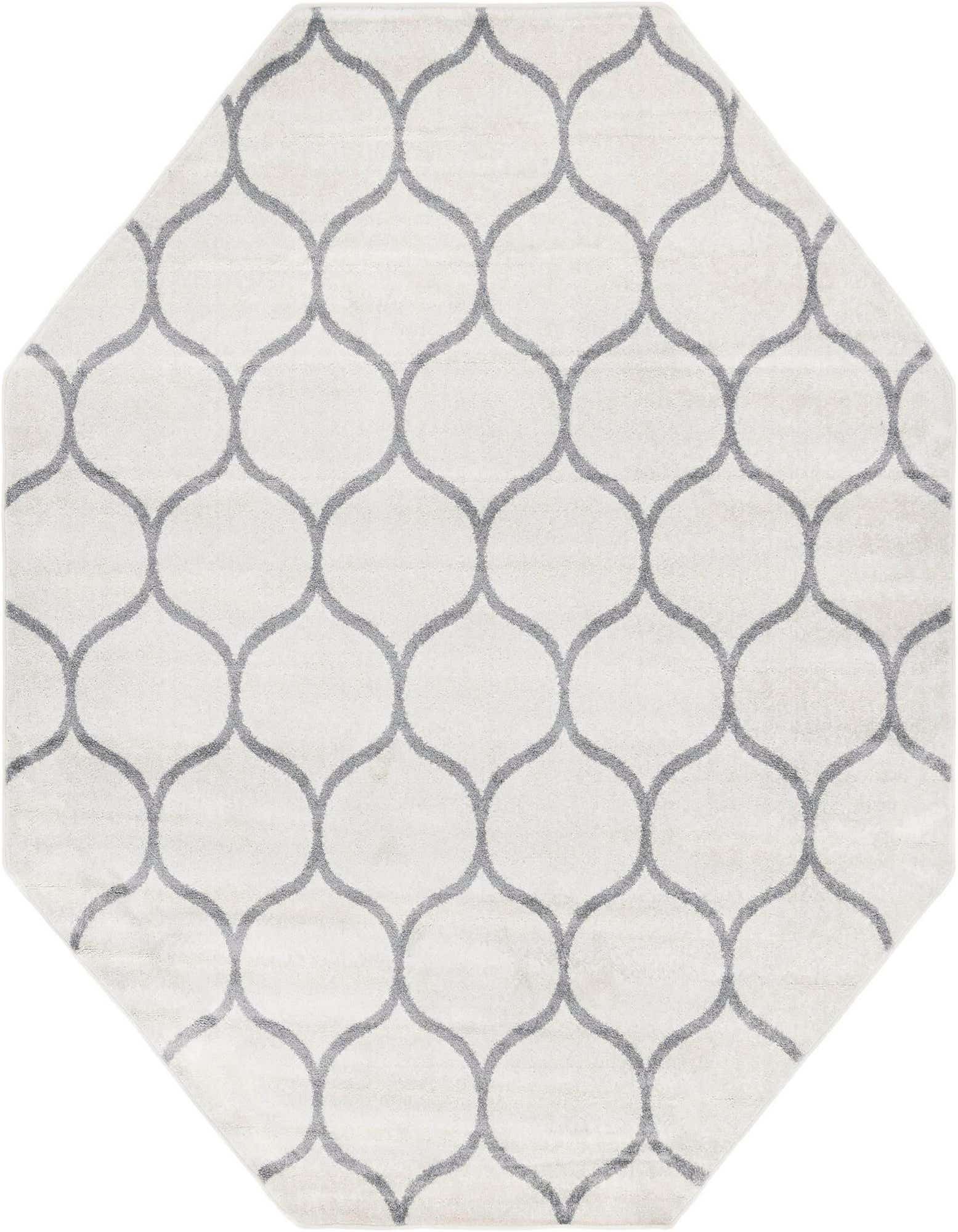 An octagon-shaped ivory area rug with a modern gray trellis pattern, perfect for a living room or bedroom.