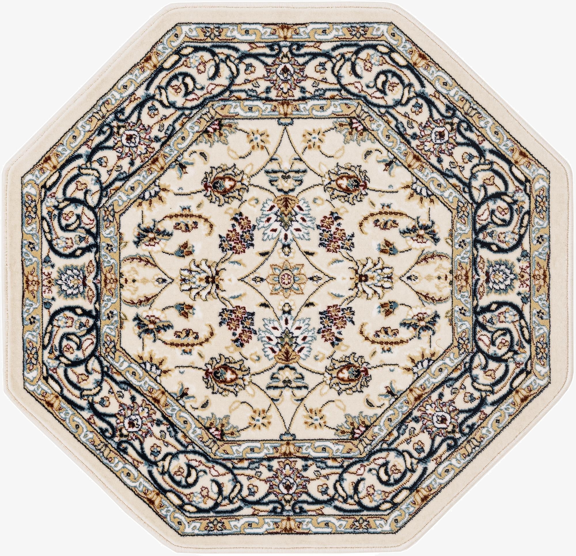 An ivory 3' x 3' octagon rug with a traditional floral medallion pattern in blue, gold, and red, featuring a high-low textured pile.