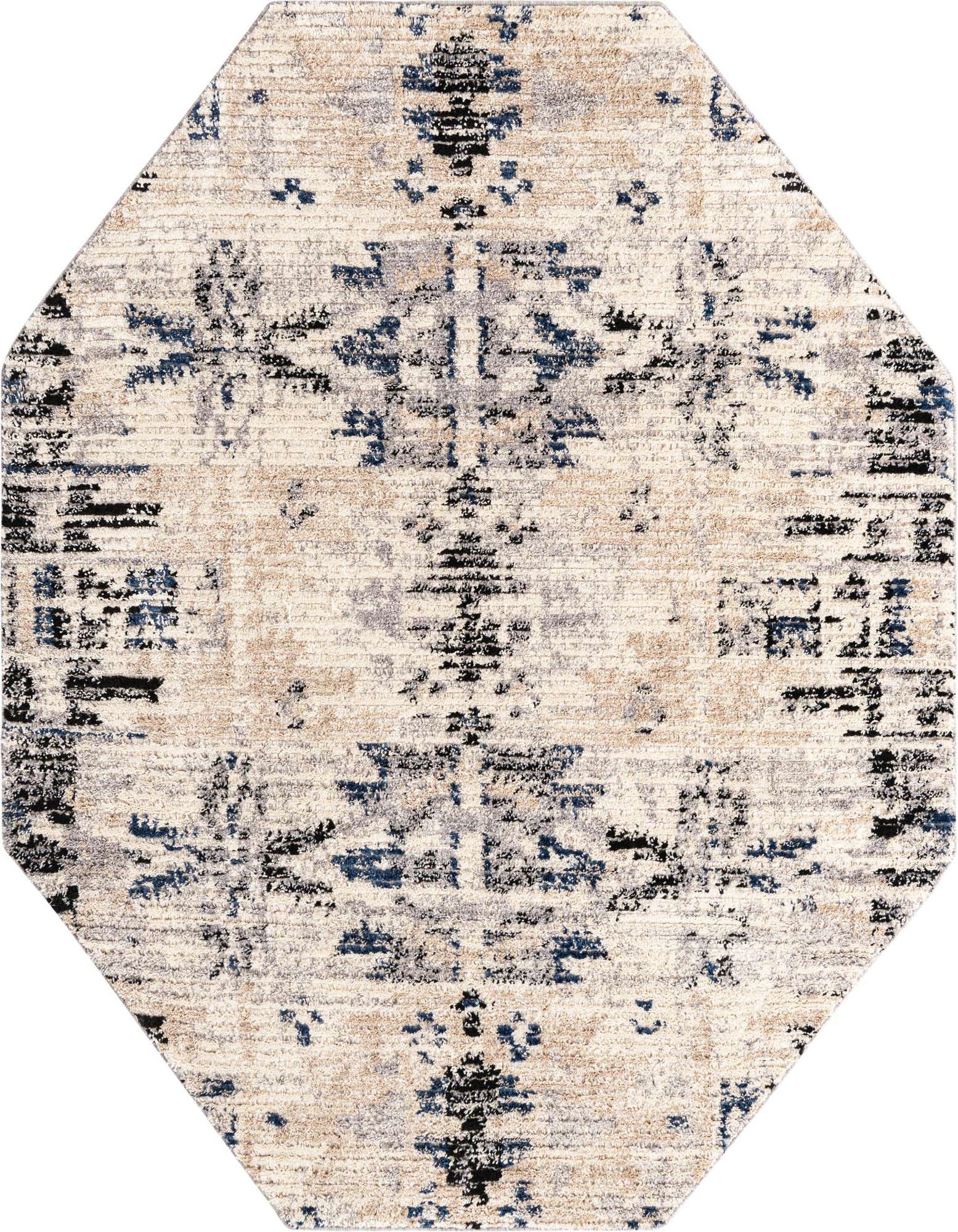 An octagon-shaped Rugs.com Tucson rug featuring an abstract Southwestern pattern in ivory, cream, blue, and black.