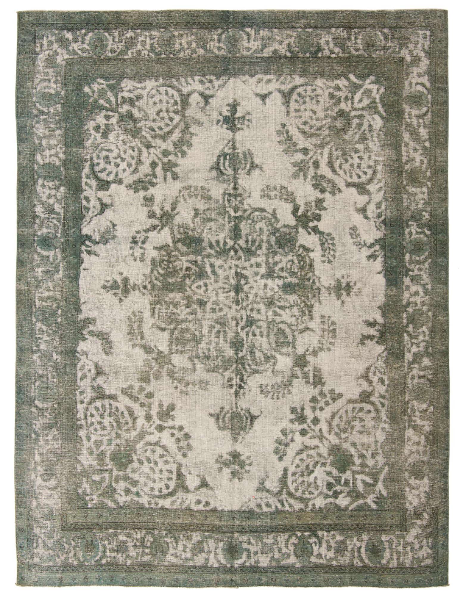 A 9x12 rectangular Ultra Vintage rug with an ivory field and distressed olive green Persian-inspired patterns and border.