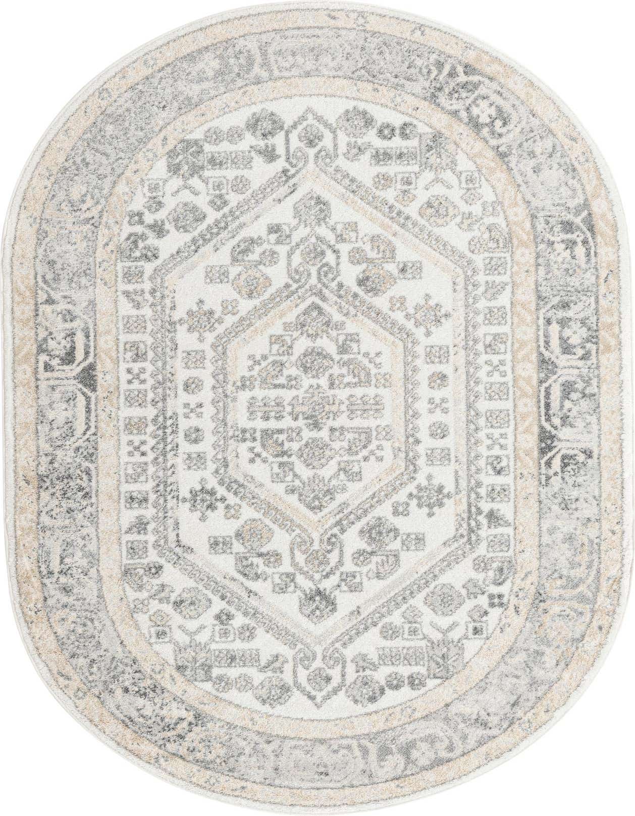 An oval 5' 0 x 8' 0 ivory and gray traditional rug with a central medallion and tribal patterns.