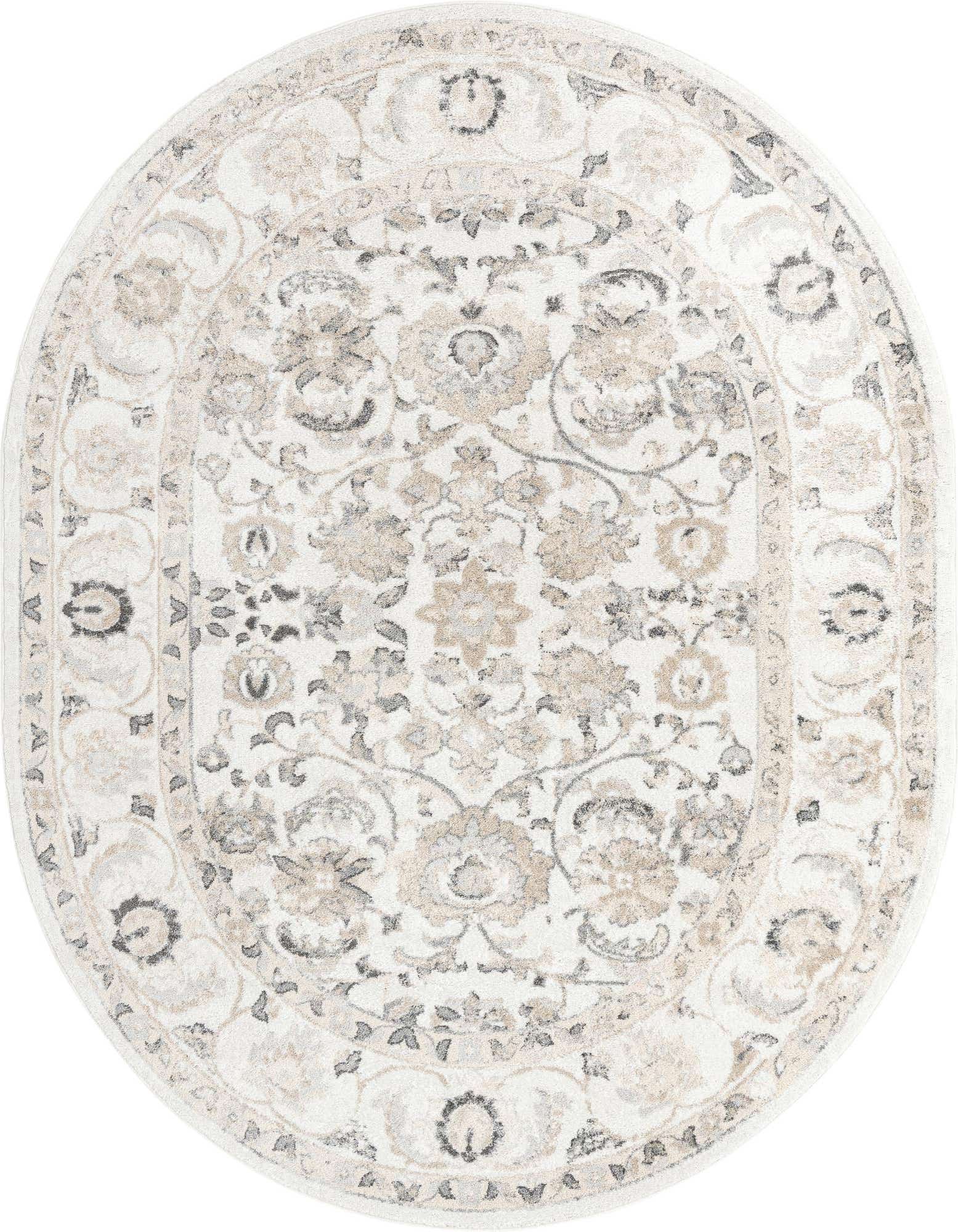 An oval ivory and cream rug with a traditional botanical pattern, featuring floral motifs and subtle grey accents.