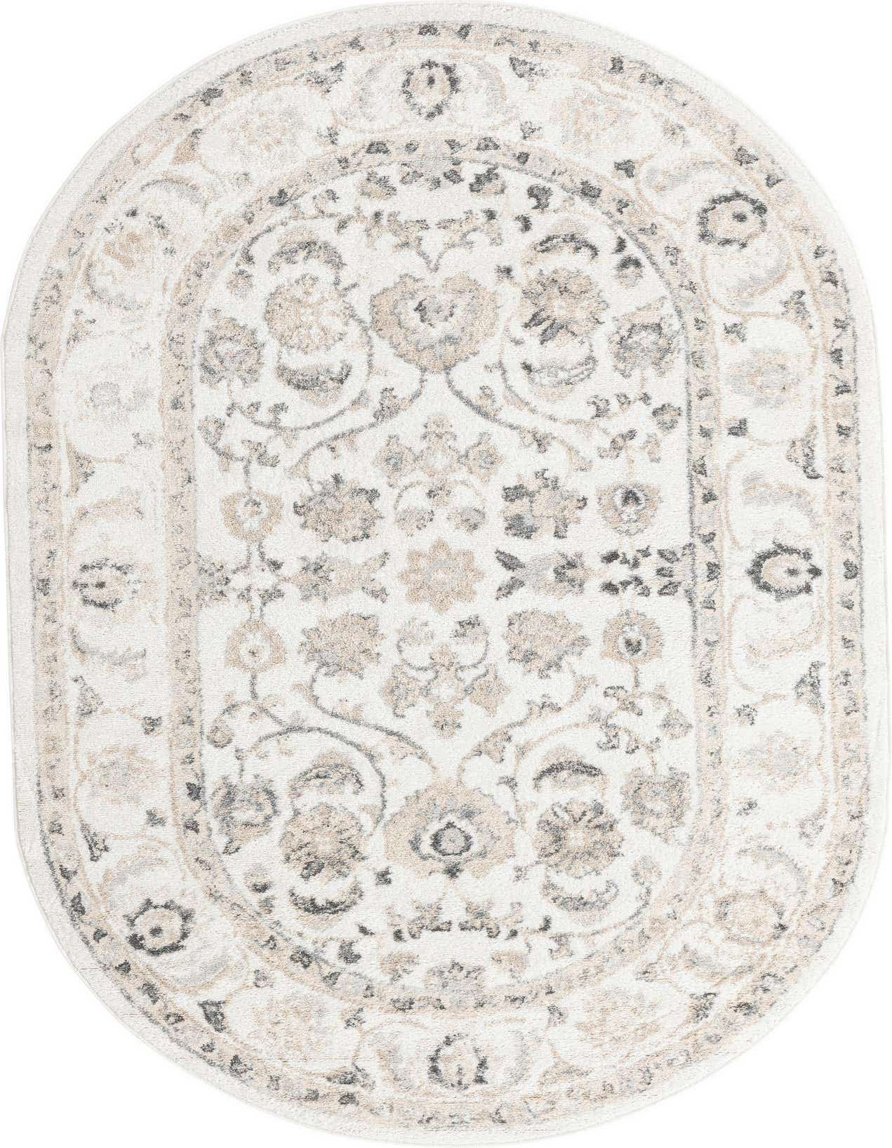An oval ivory and cream rug with a traditional botanical floral pattern in muted beige and gray tones.