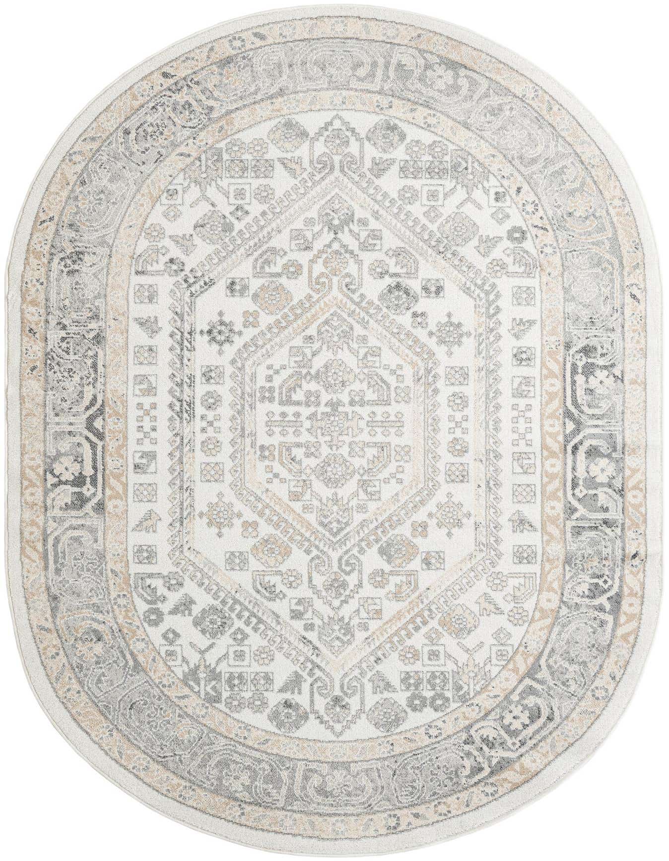 An oval ivory and cream rug with a detailed traditional medallion pattern in gray and hints of gold, featuring a thin pile.