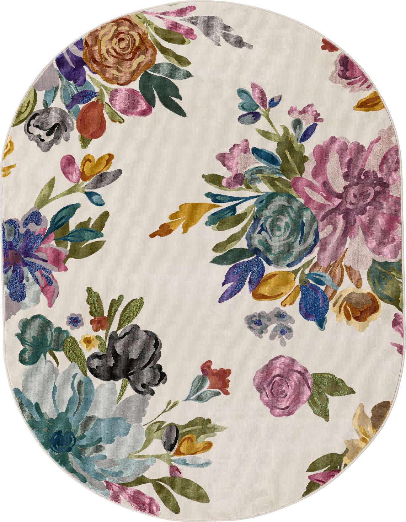 An oval ivory rug featuring a vibrant, modern floral pattern with large blooms in pink, purple, blue, green, and yellow.