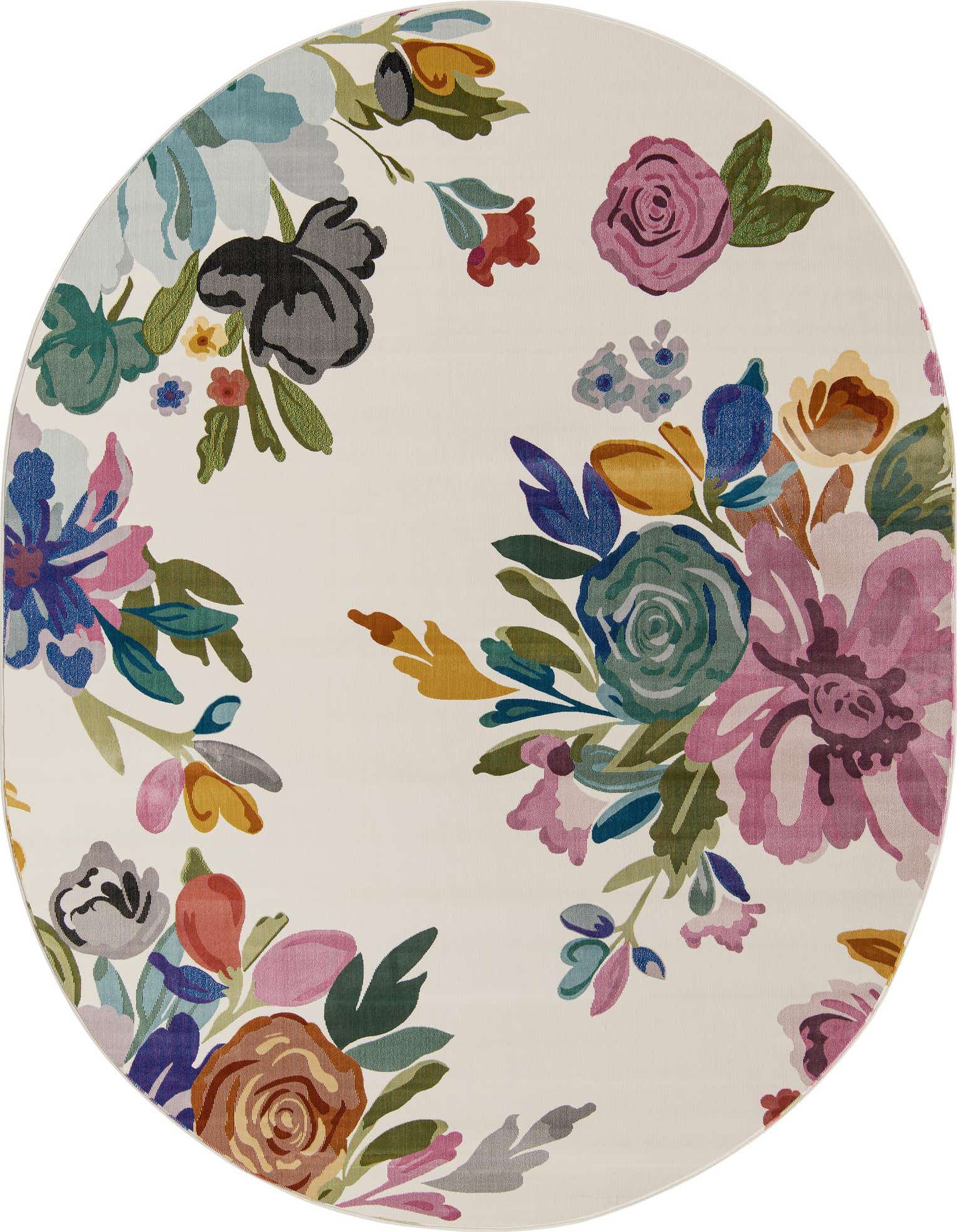 An oval ivory area rug with a modern floral pattern featuring large colorful blossoms in pink, blue, green, and yellow.