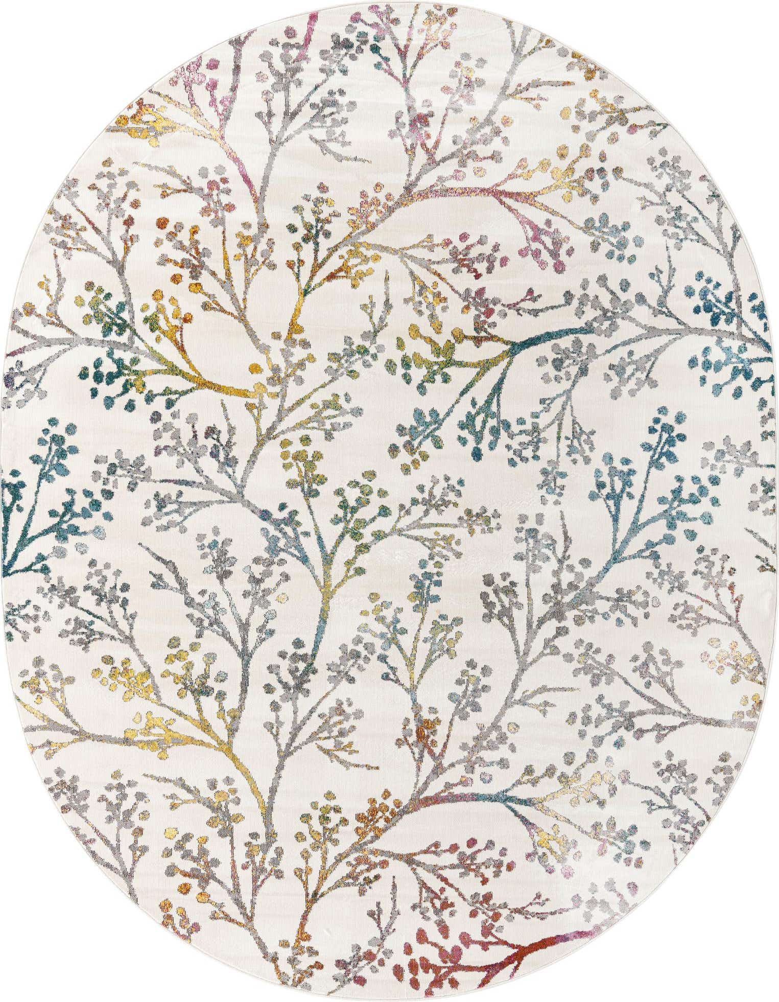 An oval ivory rug with a modern floral pattern featuring colorful branches and leaves in shades of blue, green, yellow, and red.