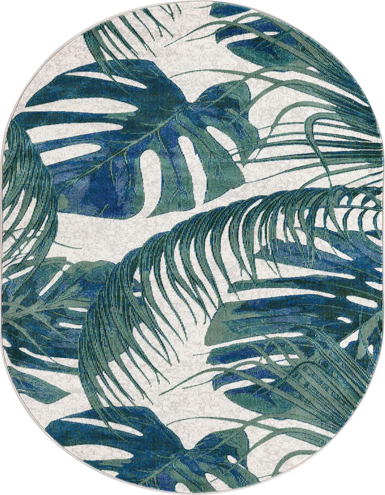 An oval ivory rug with a modern botanical pattern featuring large teal and blue monstera and palm leaves.