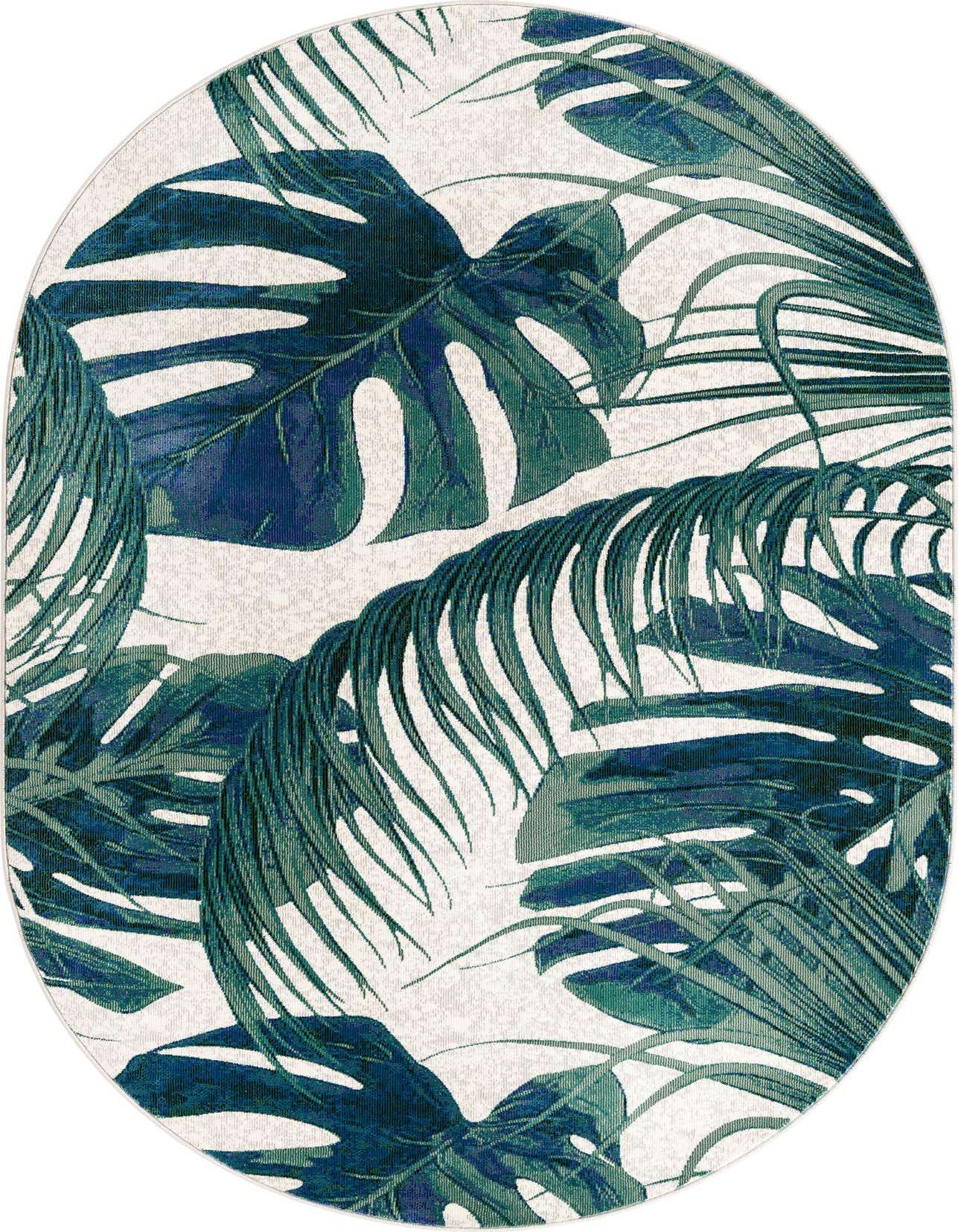 An oval rug featuring a vibrant botanical pattern of large green and blue monstera and palm leaves on an ivory background.