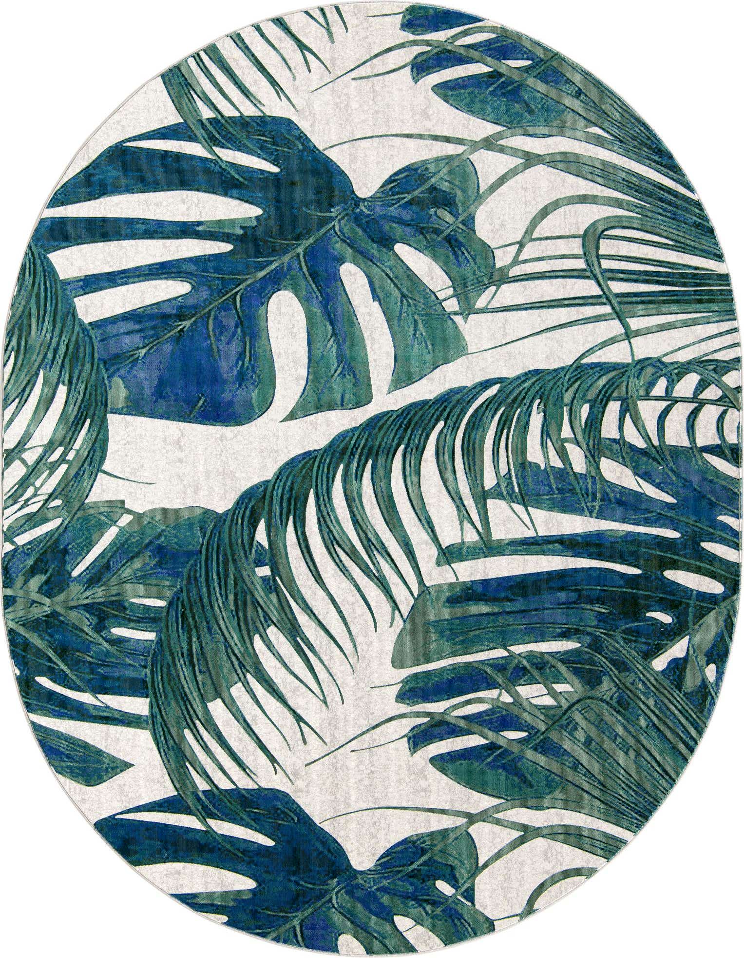 An oval ivory rug with a vibrant botanical pattern of large blue monstera and green palm leaves.