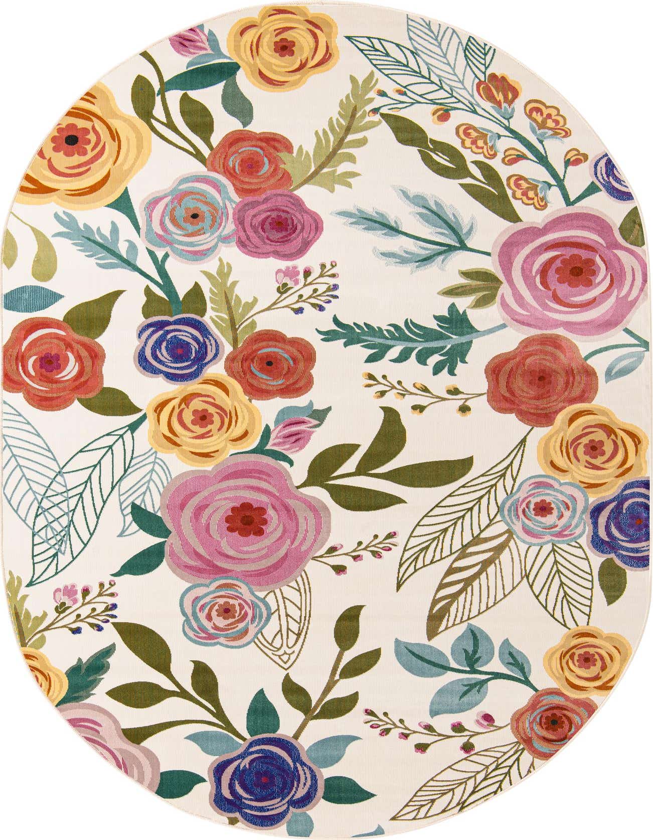 An oval ivory rug featuring a vibrant, modern floral pattern with large pink, yellow, red, and blue blossoms and green leaves.