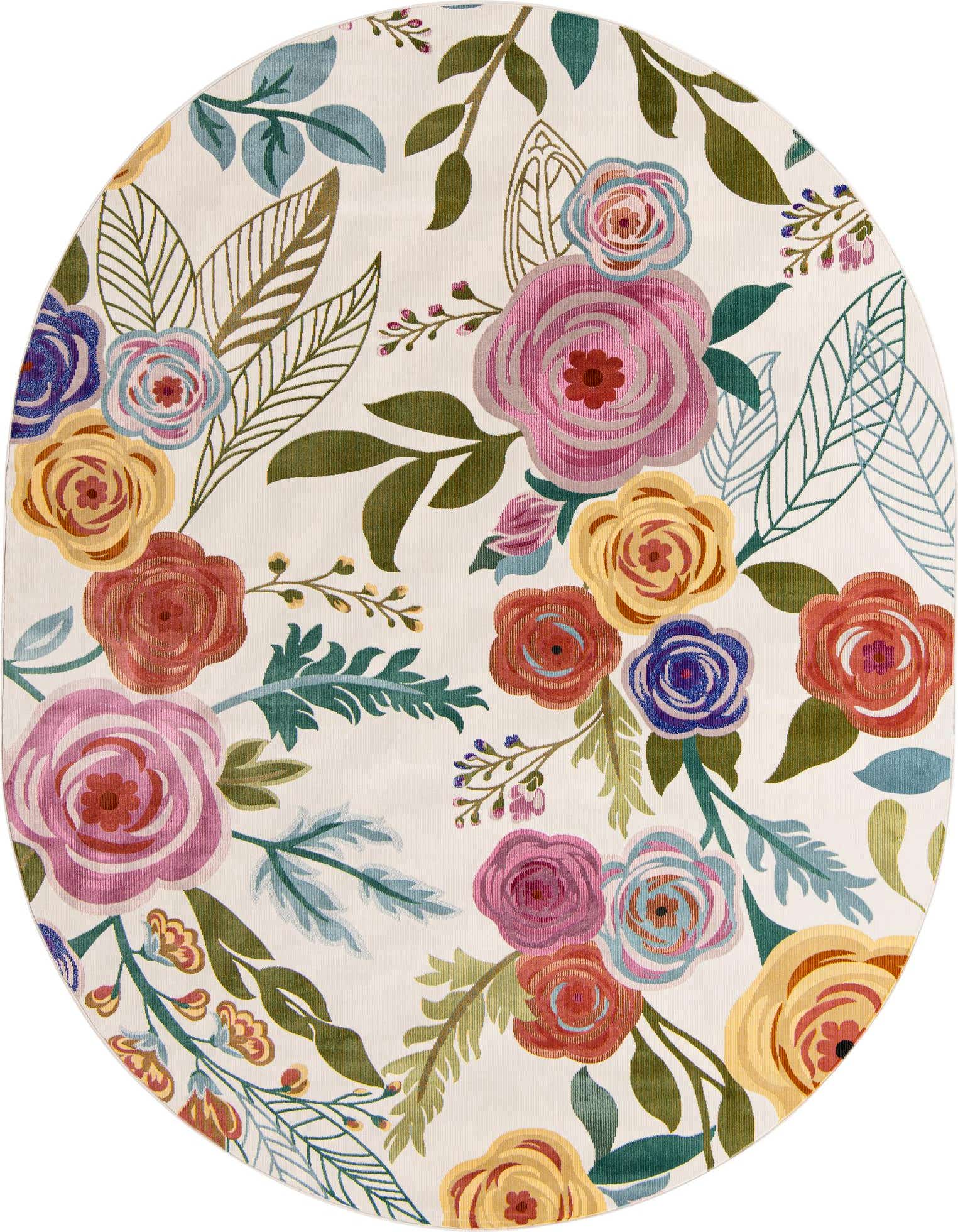 An oval ivory rug with a vibrant modern floral and botanical pattern, featuring large pink, yellow, red, and blue flowers with green leaves.