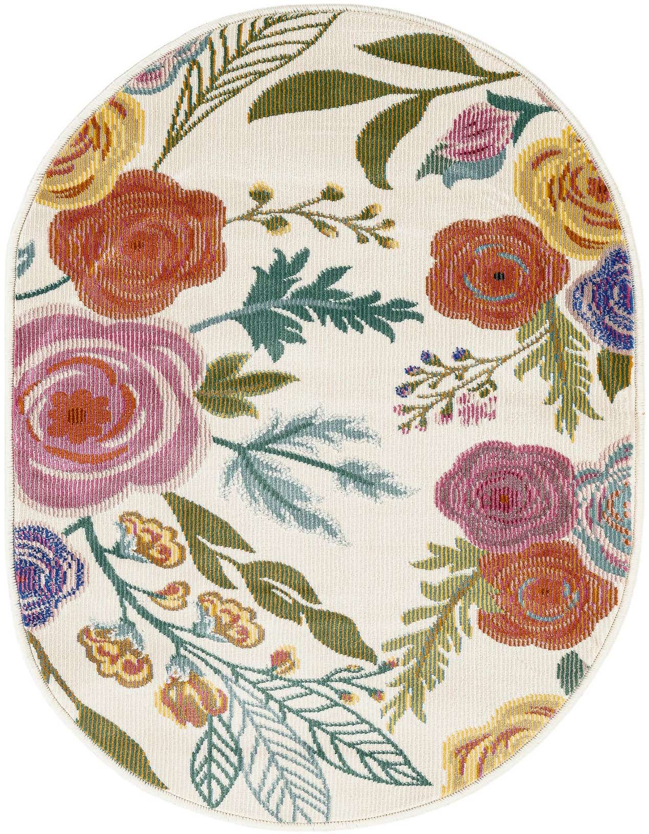 An oval ivory rug with a vibrant modern floral pattern featuring large pink, orange, yellow, and blue flowers with green leaves.