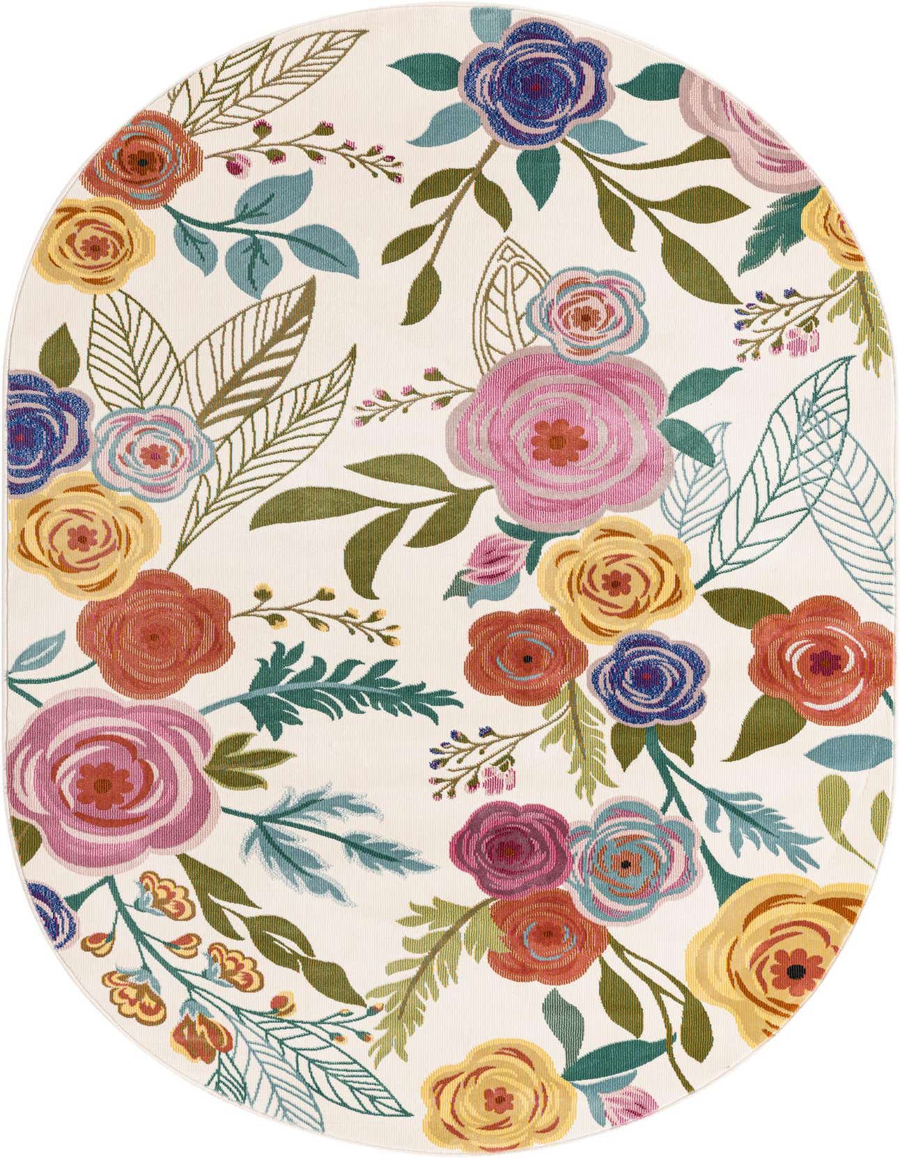 An oval ivory rug with a vibrant modern floral pattern featuring pink, yellow, blue, and orange flowers with green leaves.