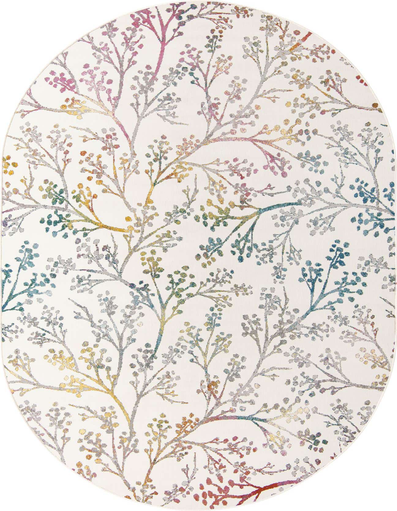 An oval ivory rug with a modern floral pattern of colorful branches in shades of pink, yellow, blue, and green.