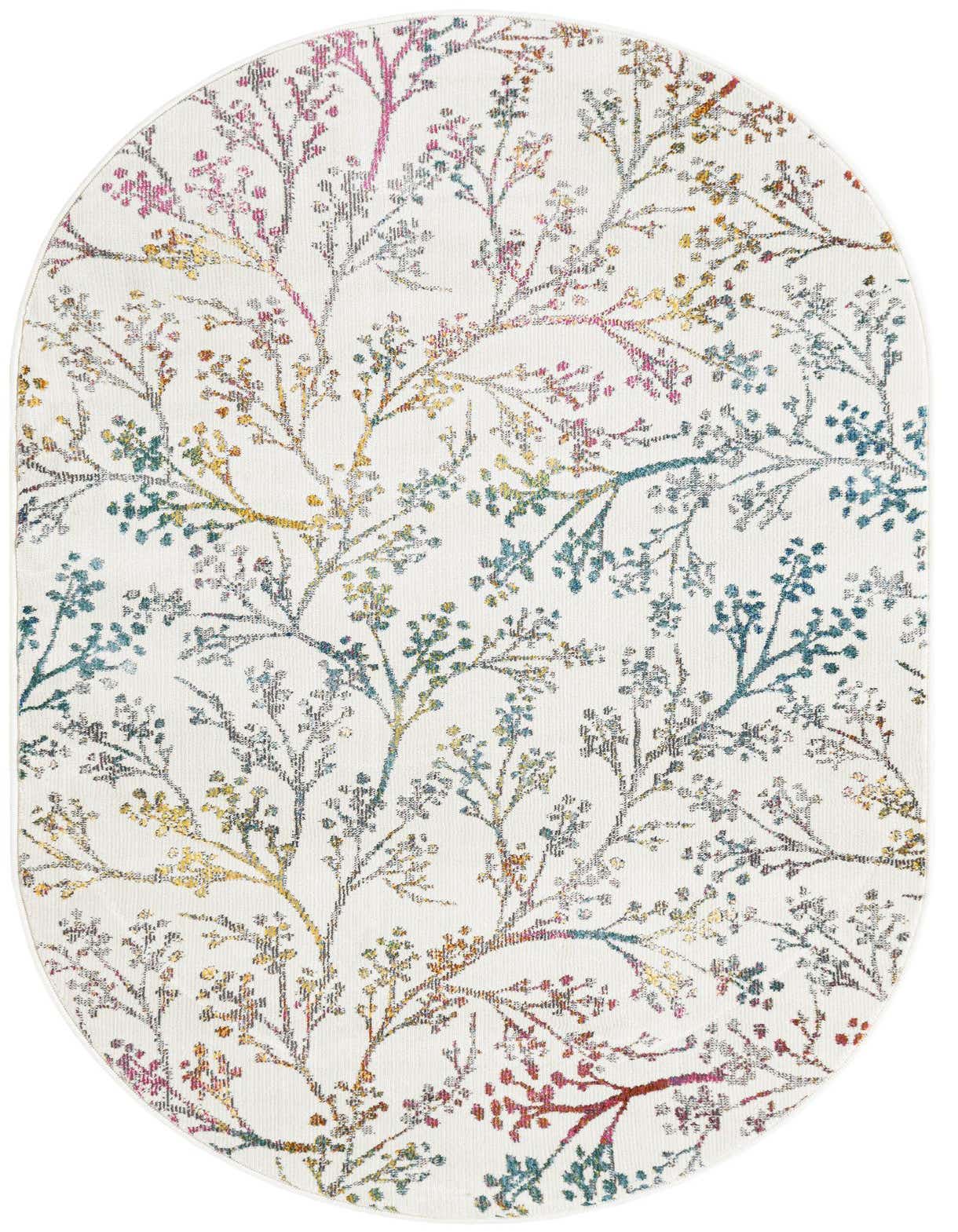 An oval ivory rug featuring a modern floral pattern with colorful branches and small blossoms in pink, blue, yellow, and green.
