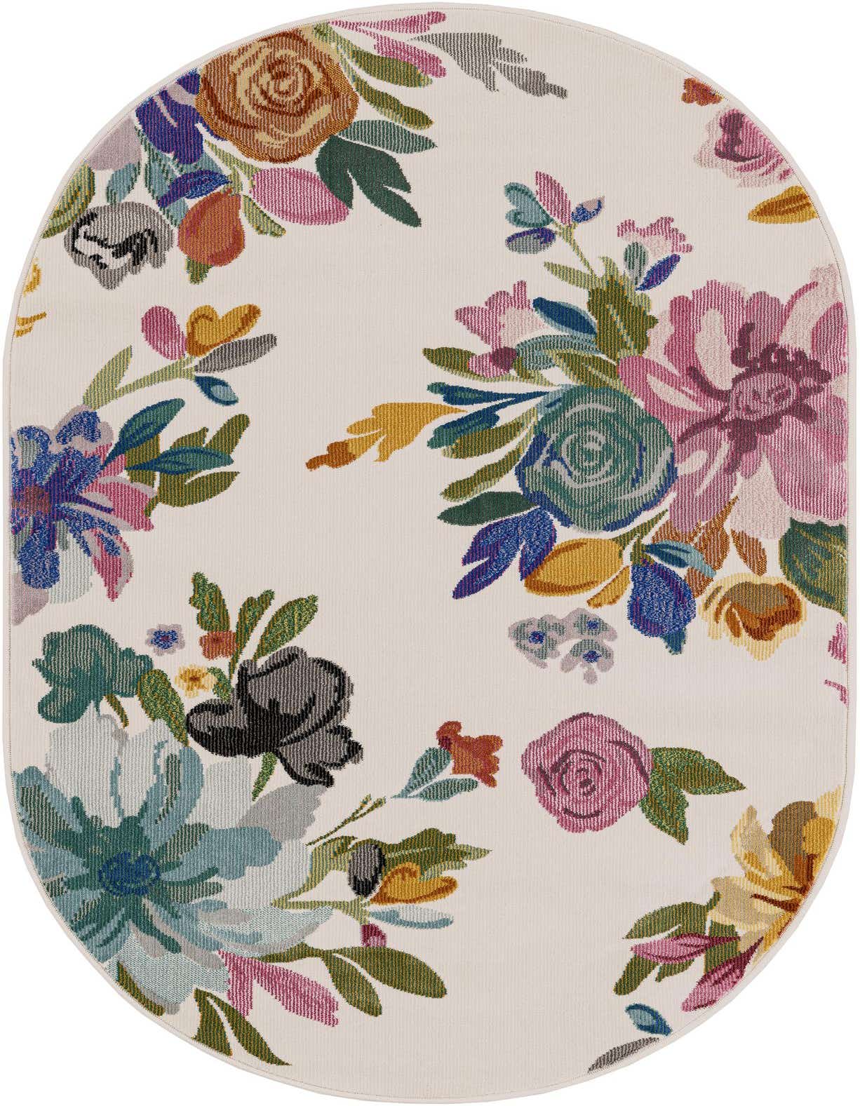 An oval ivory rug with a vibrant floral pattern featuring large pink, blue, green, and orange blossoms, perfect for a patio.