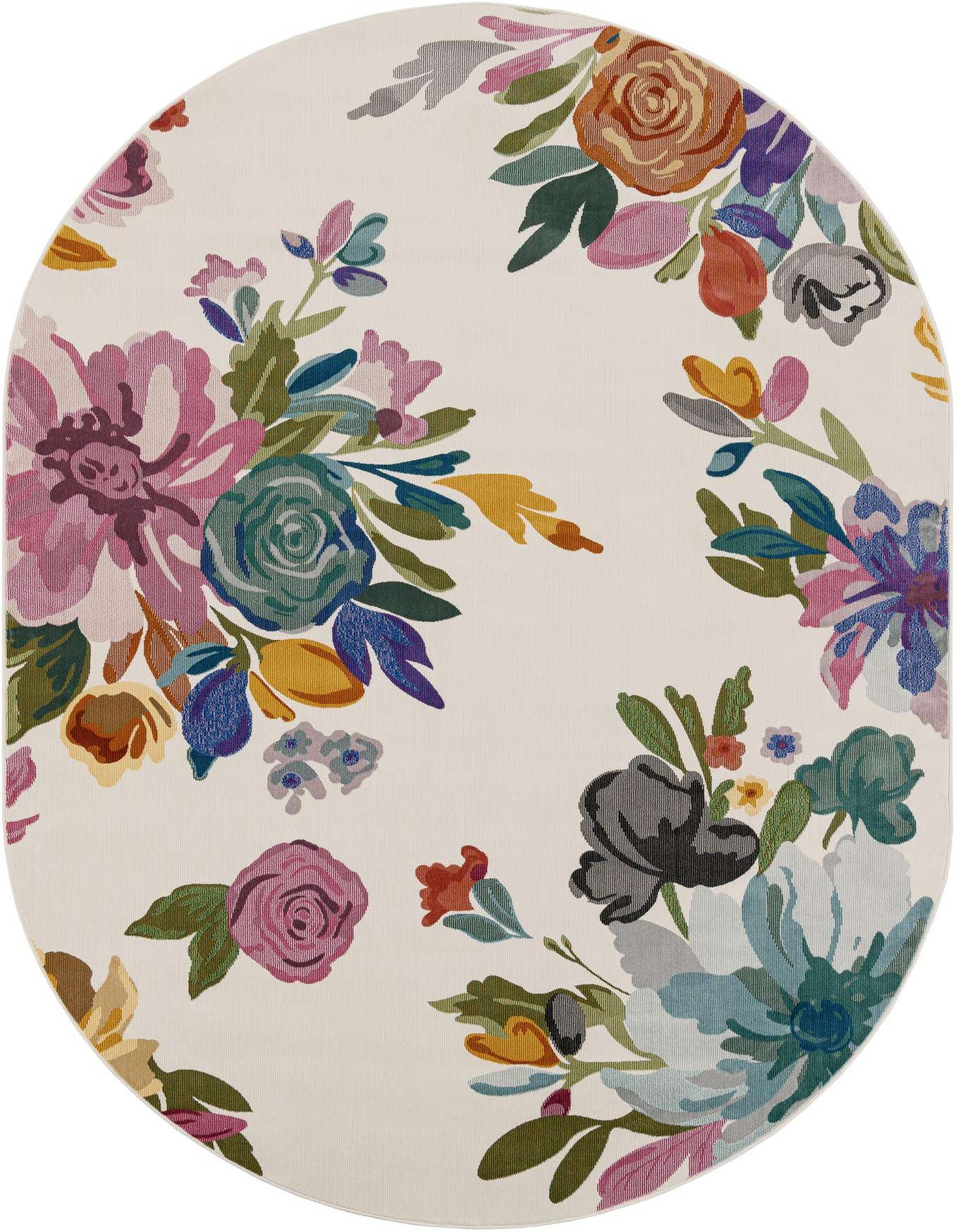 An oval ivory rug with a vibrant floral pattern featuring large blossoms in pink, teal, orange, and purple.