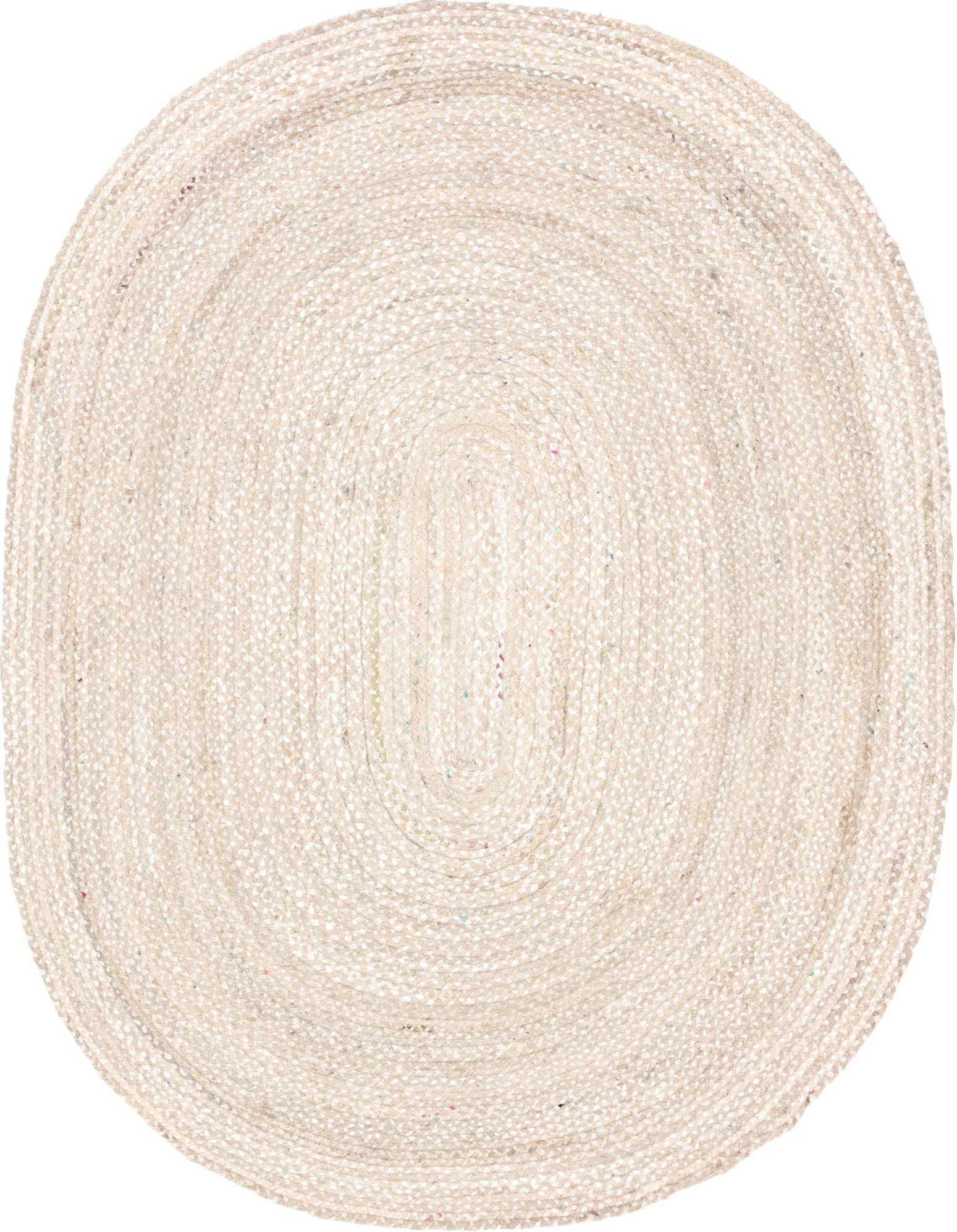 An 8' x 10' oval ivory braided cotton rug with a textured, flatweave surface, ideal for a natural modern indoor space.