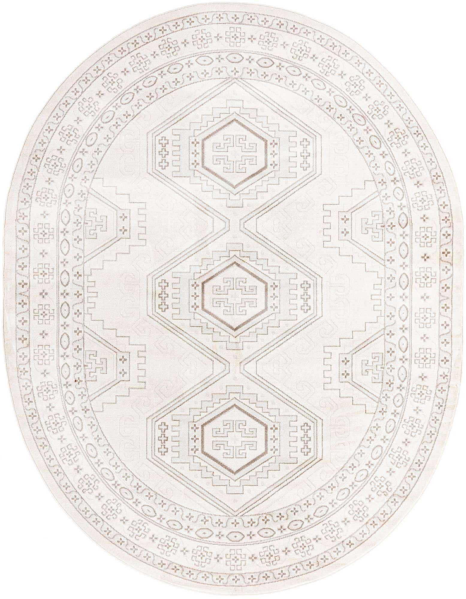 An oval ivory and cream rug with a traditional tribal pattern featuring geometric shapes and borders, suitable for an indoor living space.