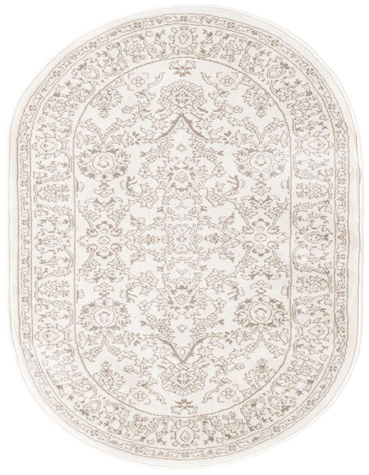 An oval 3' 1 x 5' 3 ivory and cream traditional Oriental rug with a detailed floral pattern and border.