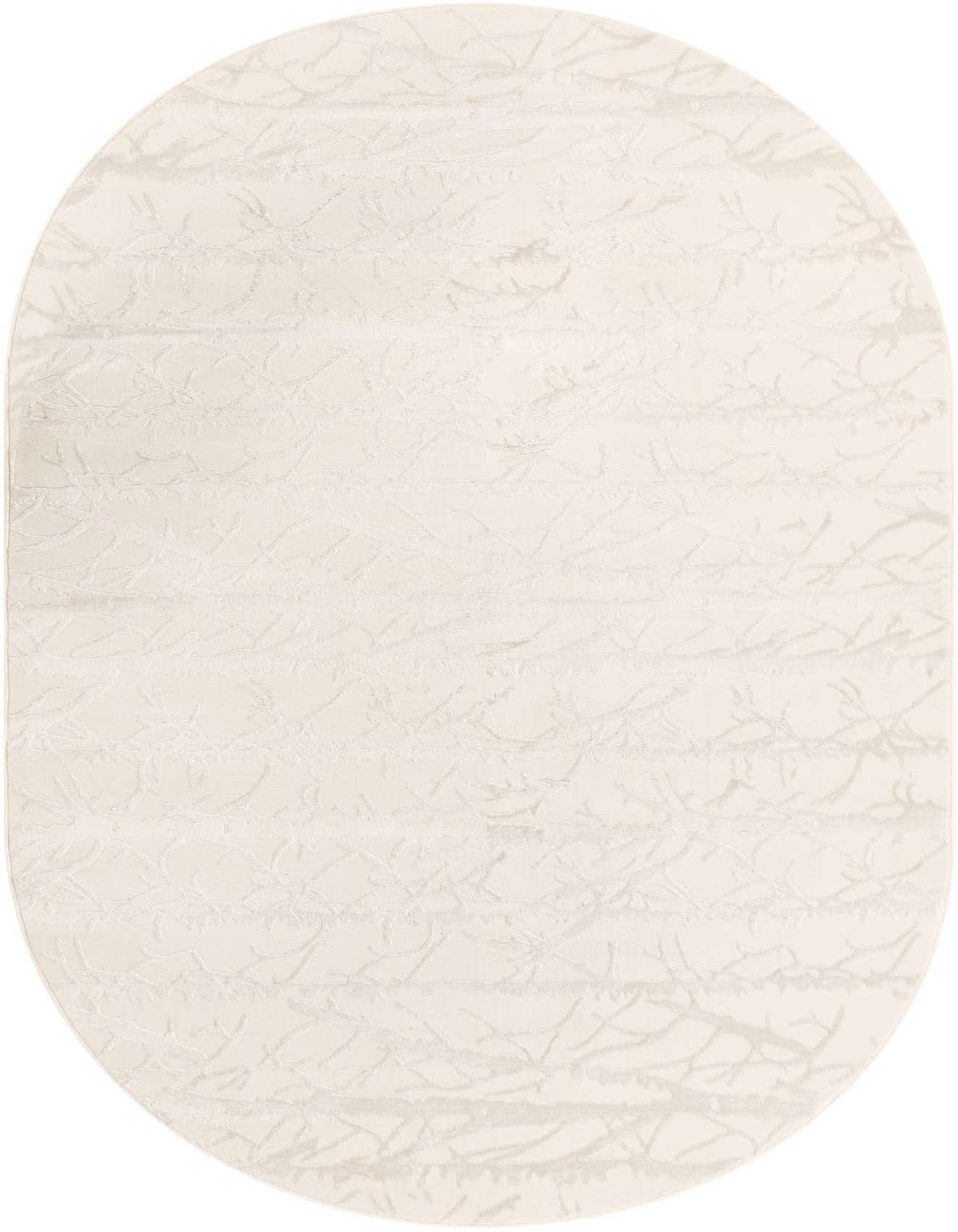 An oval 5' 3 x 8' 0 ivory and cream rug with a subtle modern striped and textured pattern.