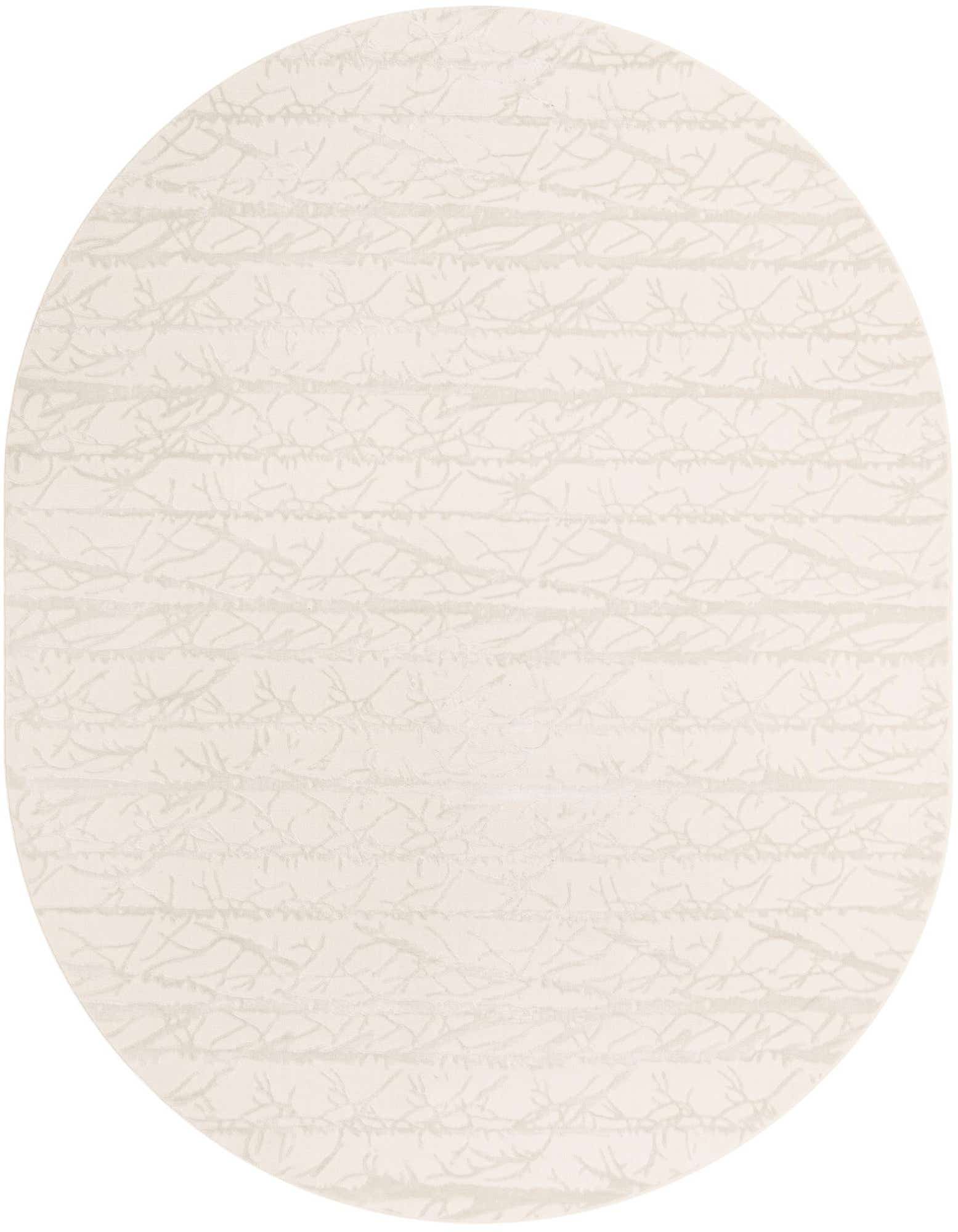 An oval ivory and cream modern rug with a subtle textured stripe pattern, perfect for an indoor living space.