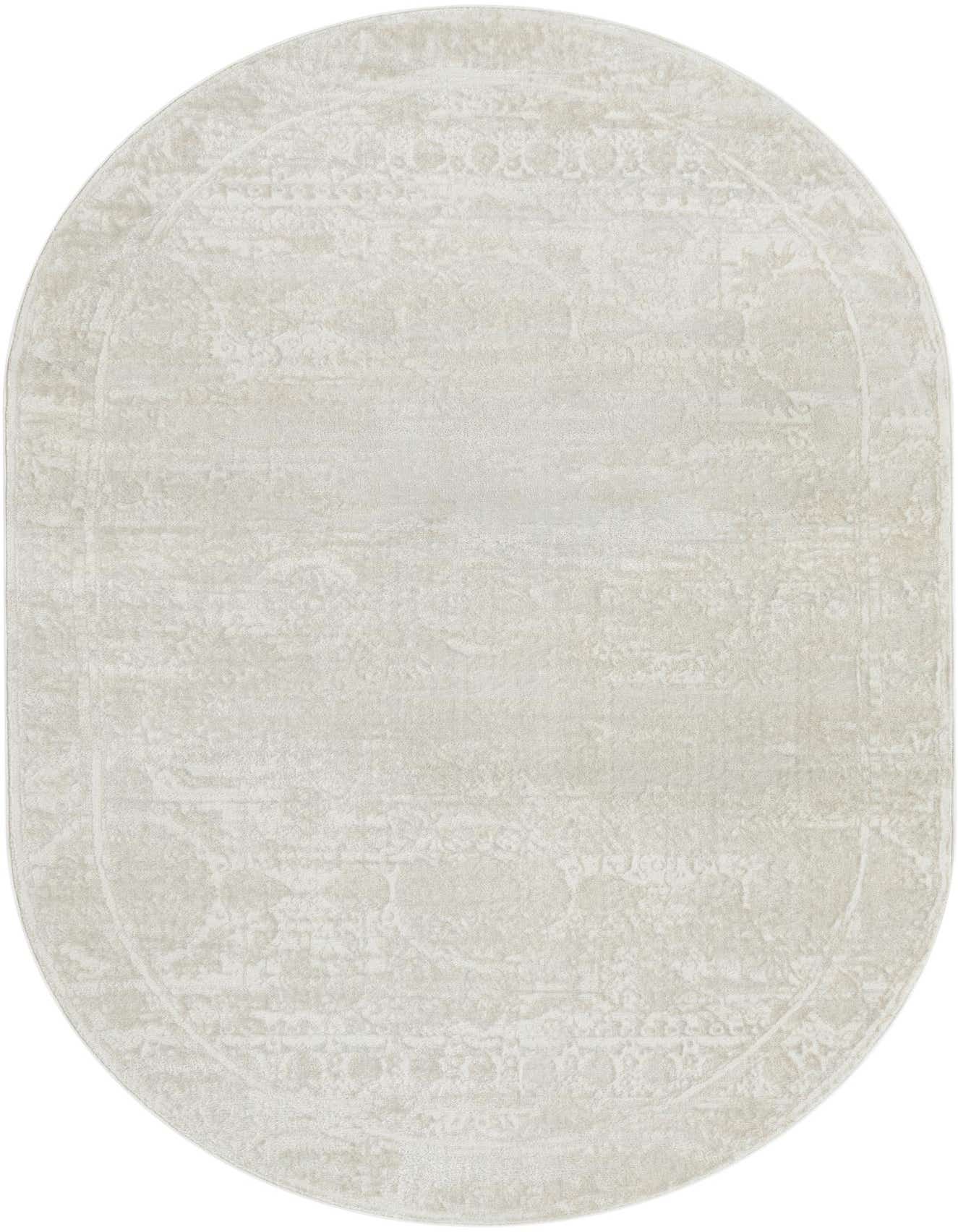 An oval 5' 3 x 8' 0 ivory and cream area rug with a subtle modern abstract pattern and textured pile.