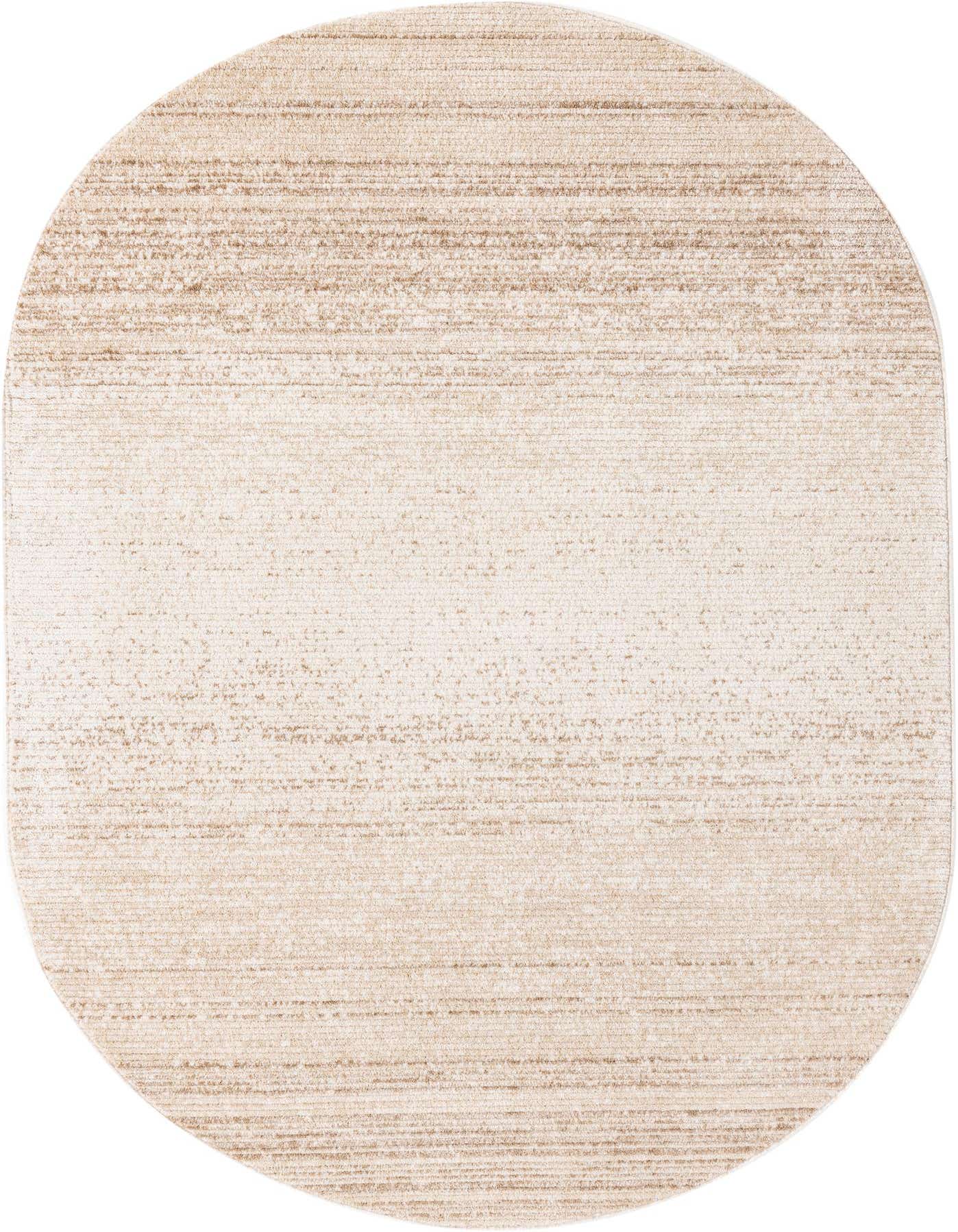 An oval 5' 3 x 8' 0 ivory and cream modern area rug with a textured, subtly striped pattern.