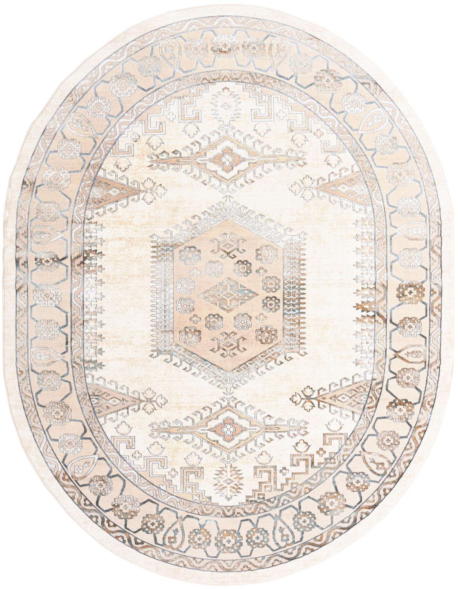 An oval 7' 10 x 10' 0 ivory and cream rug with a traditional tribal medallion pattern.
